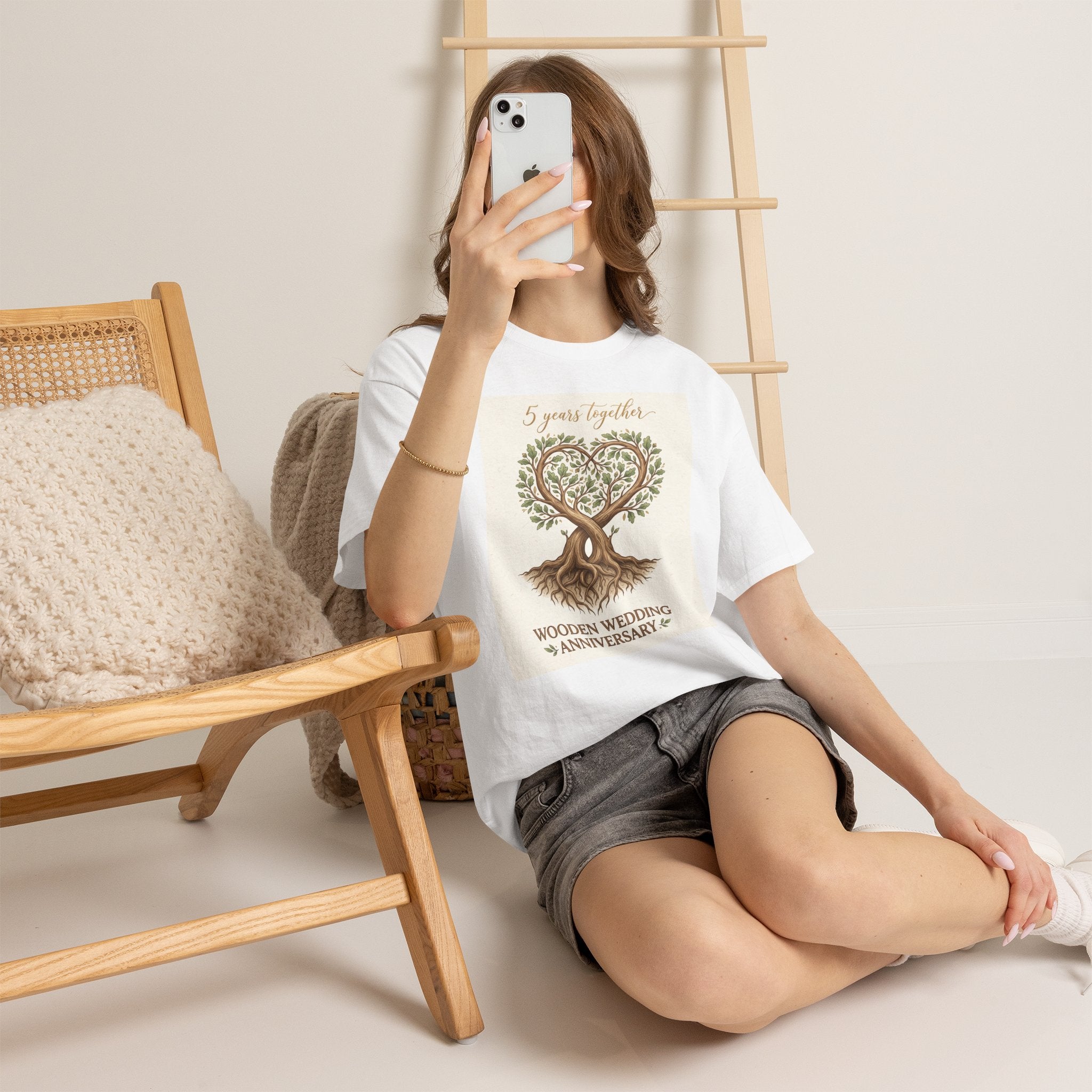 Wooden Wedding Anniversary Tee — "5 Years Together" Tree Heart Design