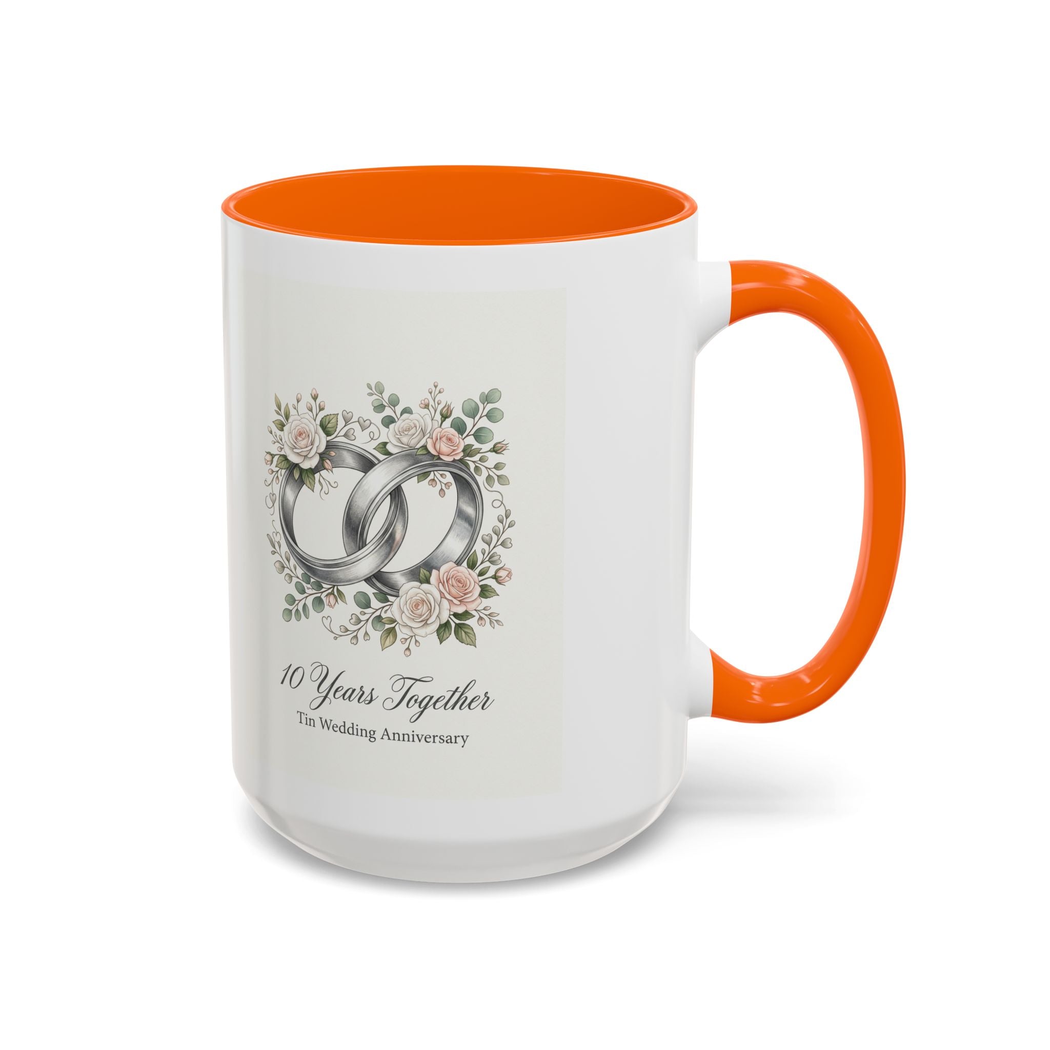 10th Wedding Anniversary Tin Rings Coffee Mug — '10 Years Together' Floral Accent