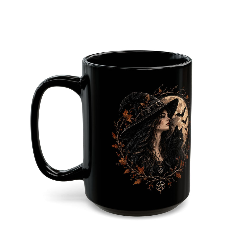 Schwarze Keramiktasse mit Hexenmotiv für Kaffee und Tee