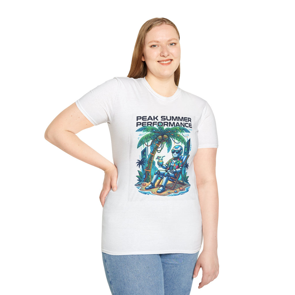 Peak Summer Performance T-Shirt — Retro Palm Tree & Relaxing Robot Graphic Tee