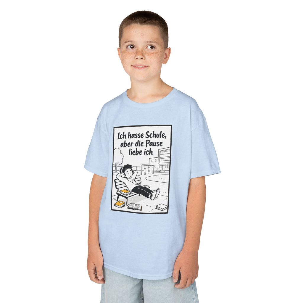 Kinder-T-Shirt – „Ich hasse Schule, aber die Pause liebe ich“ Cartoon-Schulpausen-Shirt