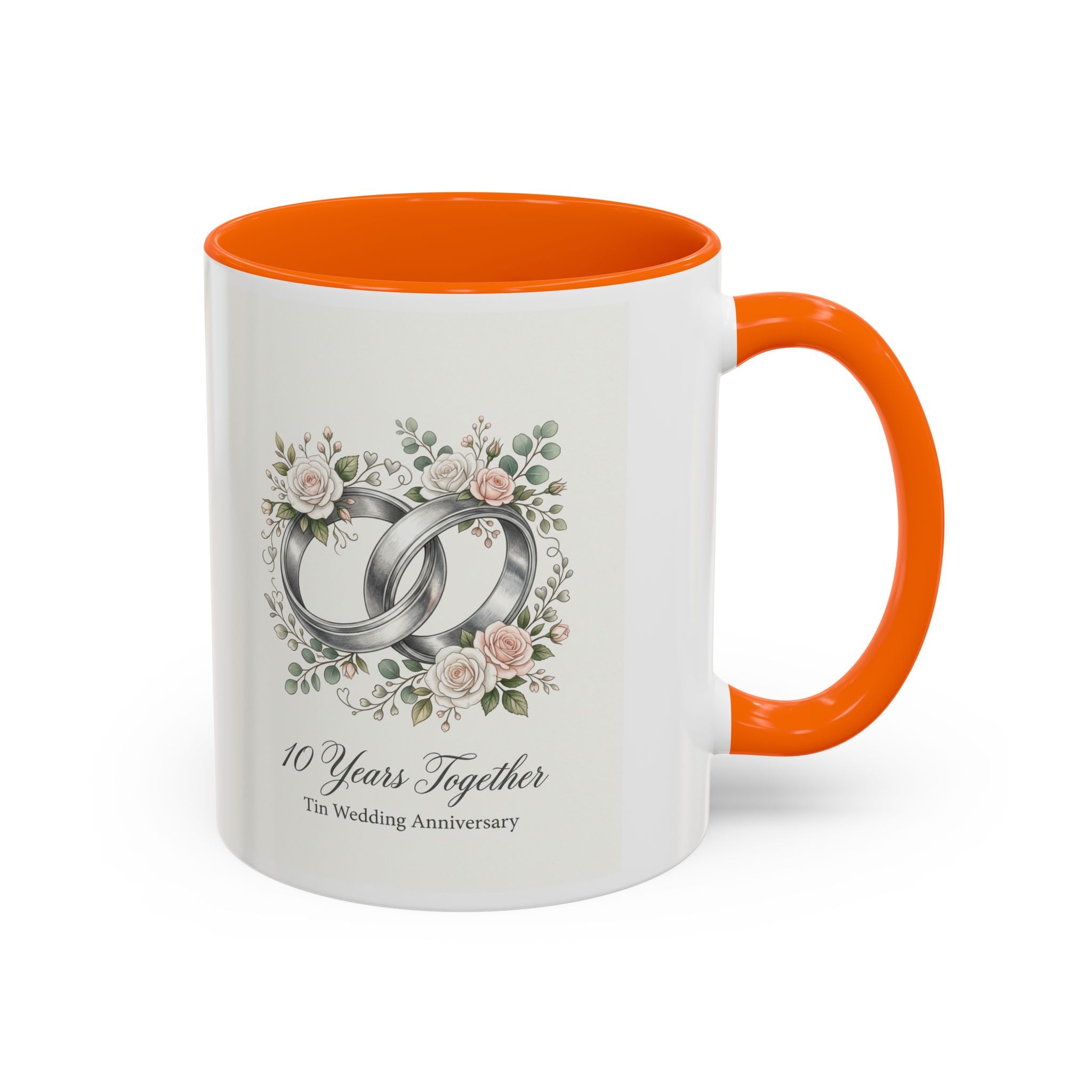 10th Wedding Anniversary Tin Rings Coffee Mug — '10 Years Together' Floral Accent