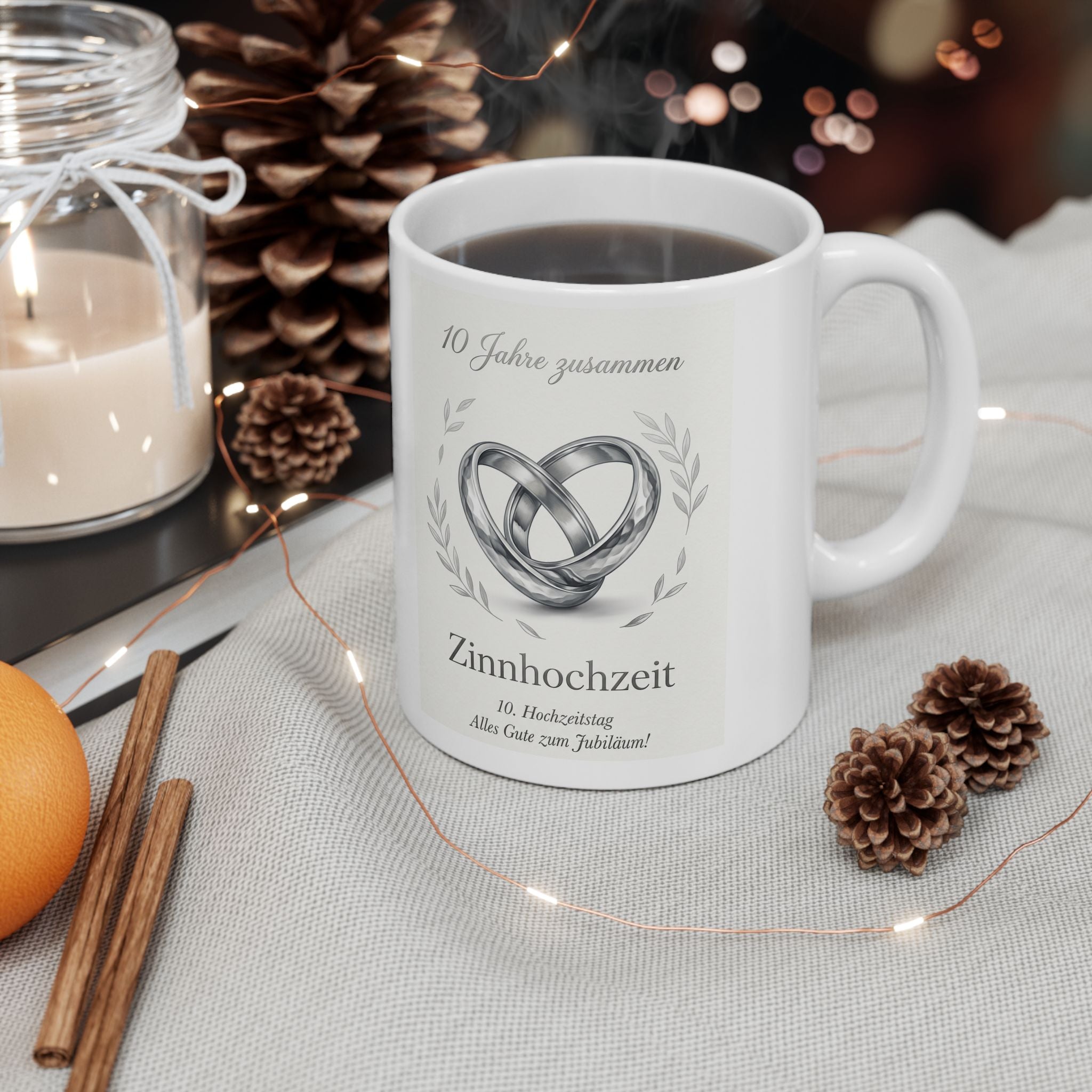 Inspirational Heart Ceramic Mug — 'Zinnhochzeit - 10 Jahre zusammen' Memorial Coffee Cup (11oz & 15oz)