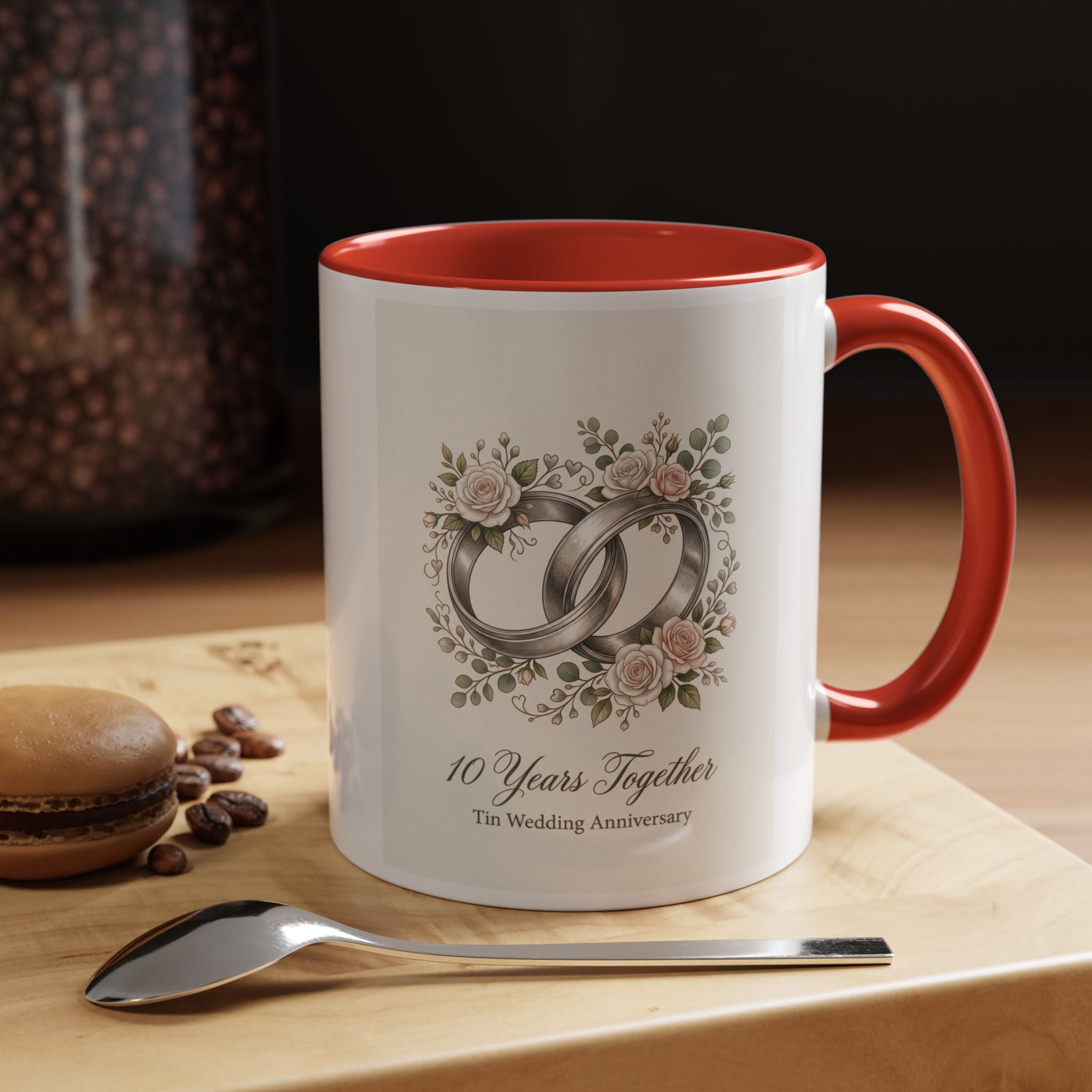 10th Wedding Anniversary Tin Rings Coffee Mug — '10 Years Together' Floral Accent