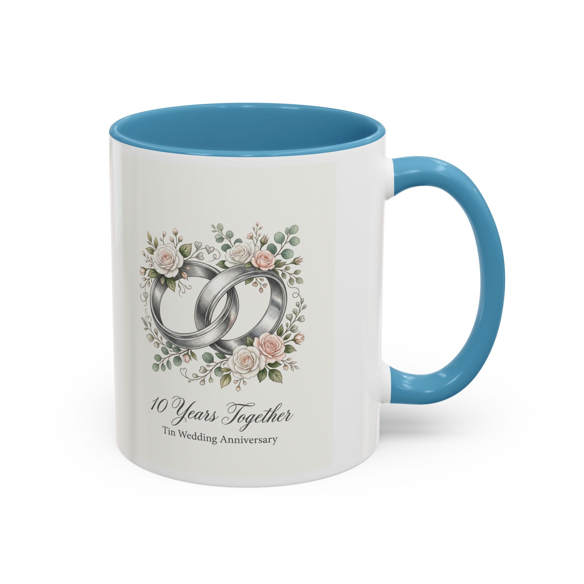 10th Wedding Anniversary Tin Rings Coffee Mug — '10 Years Together' Floral Accent