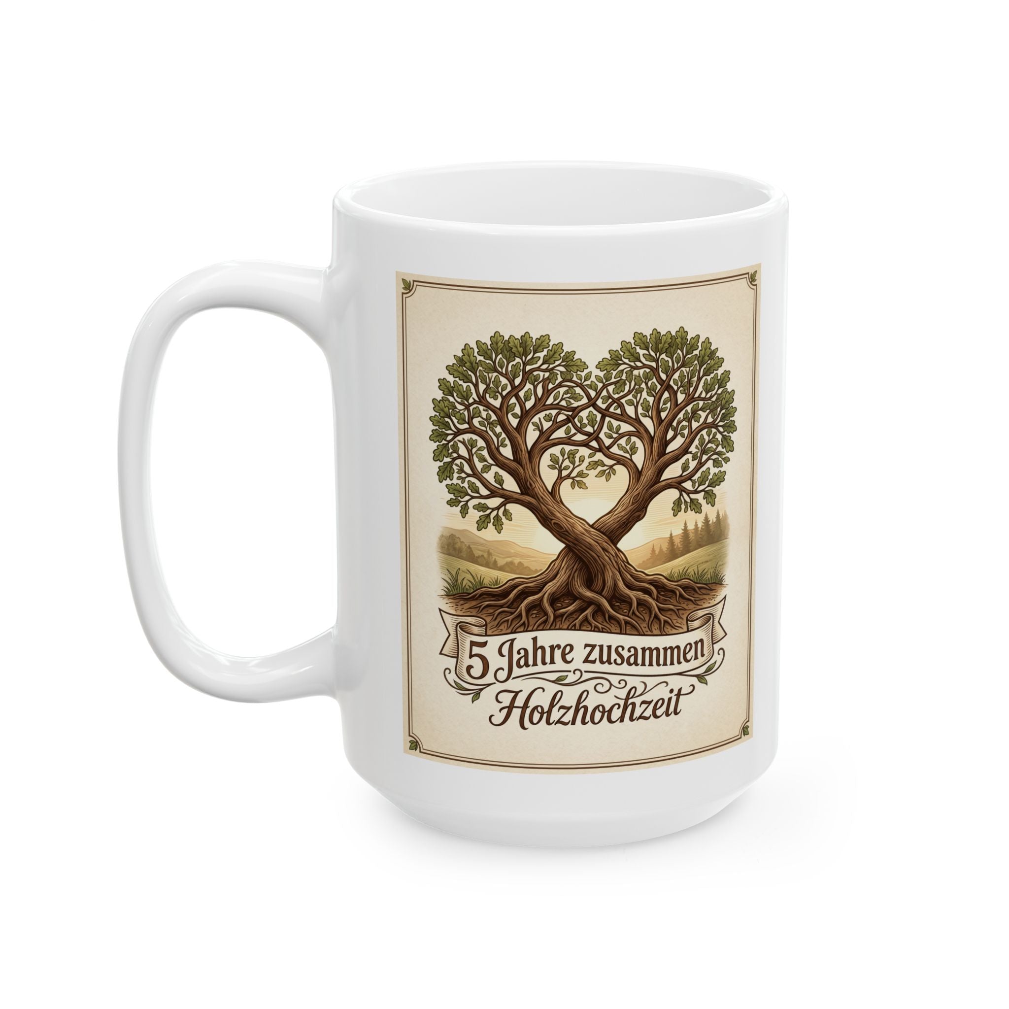 Vintage Family Tree Ceramic Mug – "5 Jahre zusammen - Holzhochzeit" Rustic 11oz/15oz, German