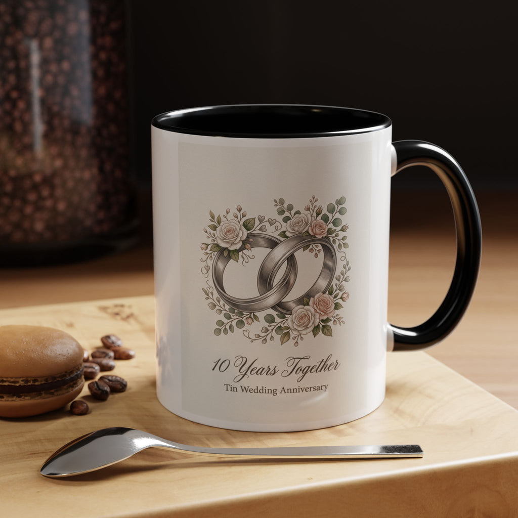 10th Wedding Anniversary Tin Rings Coffee Mug — '10 Years Together' Floral Accent