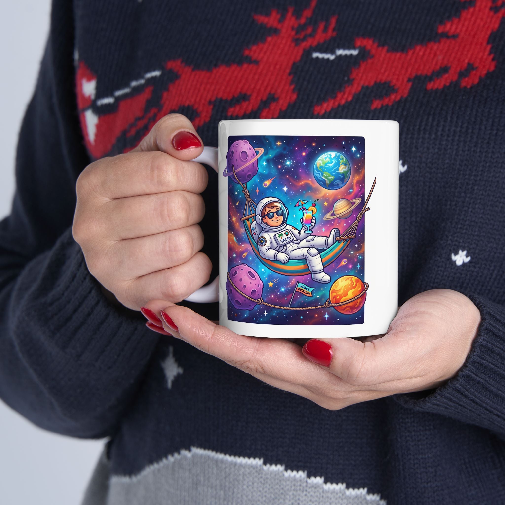 Space Witch Ceramic Mug – Colorful Cosmic Planets Illustration (11oz & 15oz)