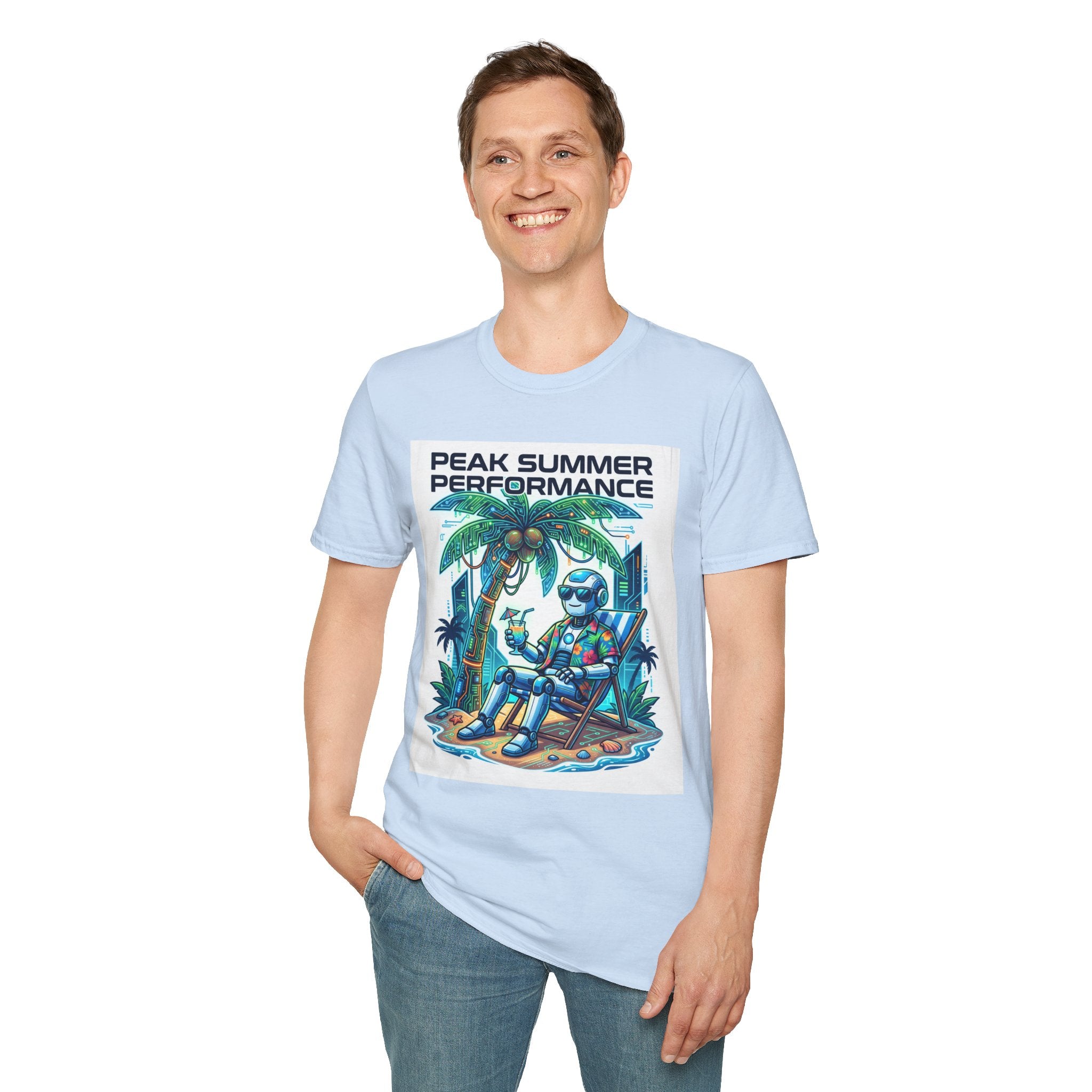 Peak Summer Performance T-Shirt — Retro Palm Tree & Relaxing Robot Graphic Tee