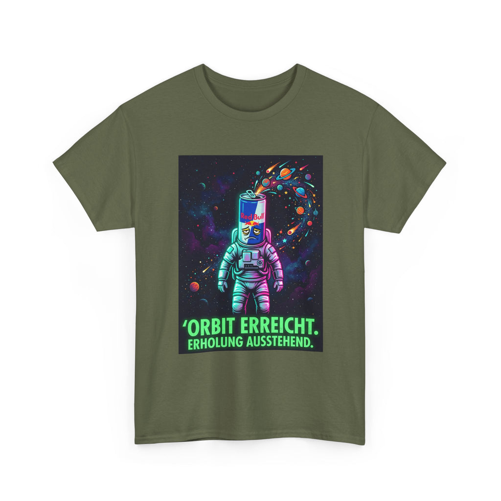 Astronaut Graphic Tee — “Orbit erreicht. Erholung ausstehend.” Neon Space Shirt