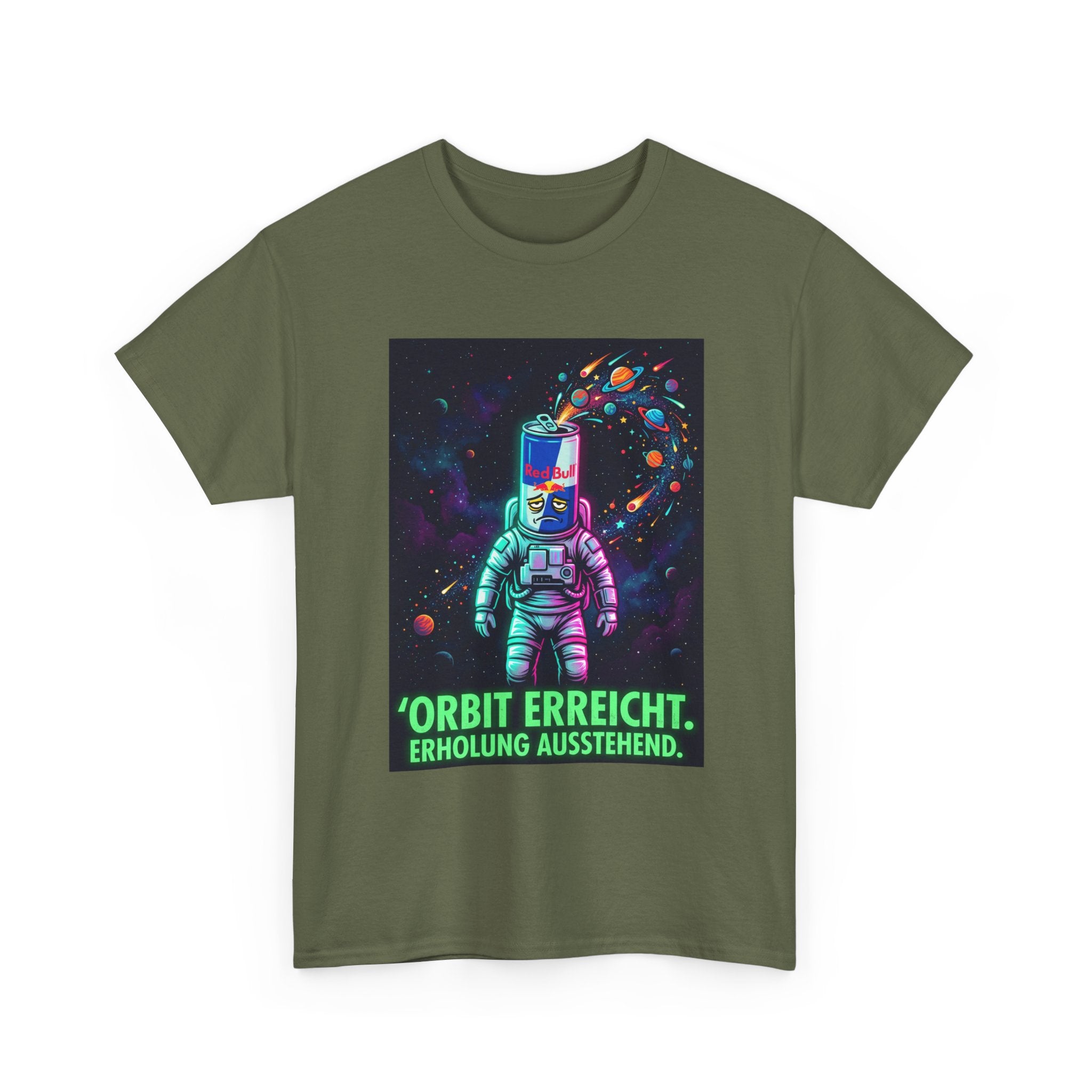 Astronaut Graphic Tee — “Orbit erreicht. Erholung ausstehend.” Neon Space Shirt