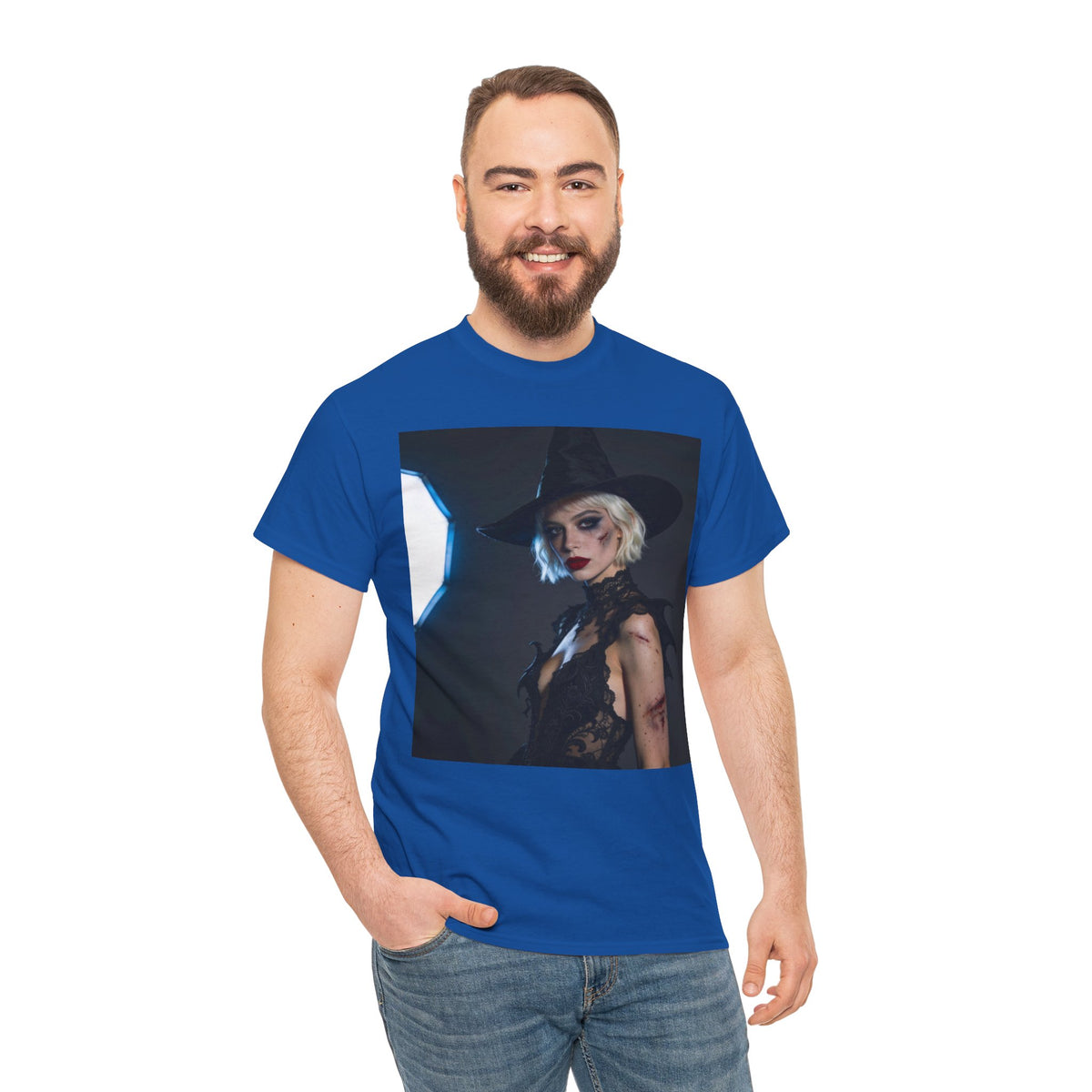 Gothic witch T-shirt with artistic witch portrait and dark Halloween design