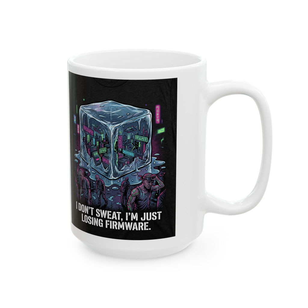 Cyberpunk Ice Cube Mug – "I don't sweat, I'm just losing firmware" Neon City Ceramic Coffee Cup (11oz/15oz)