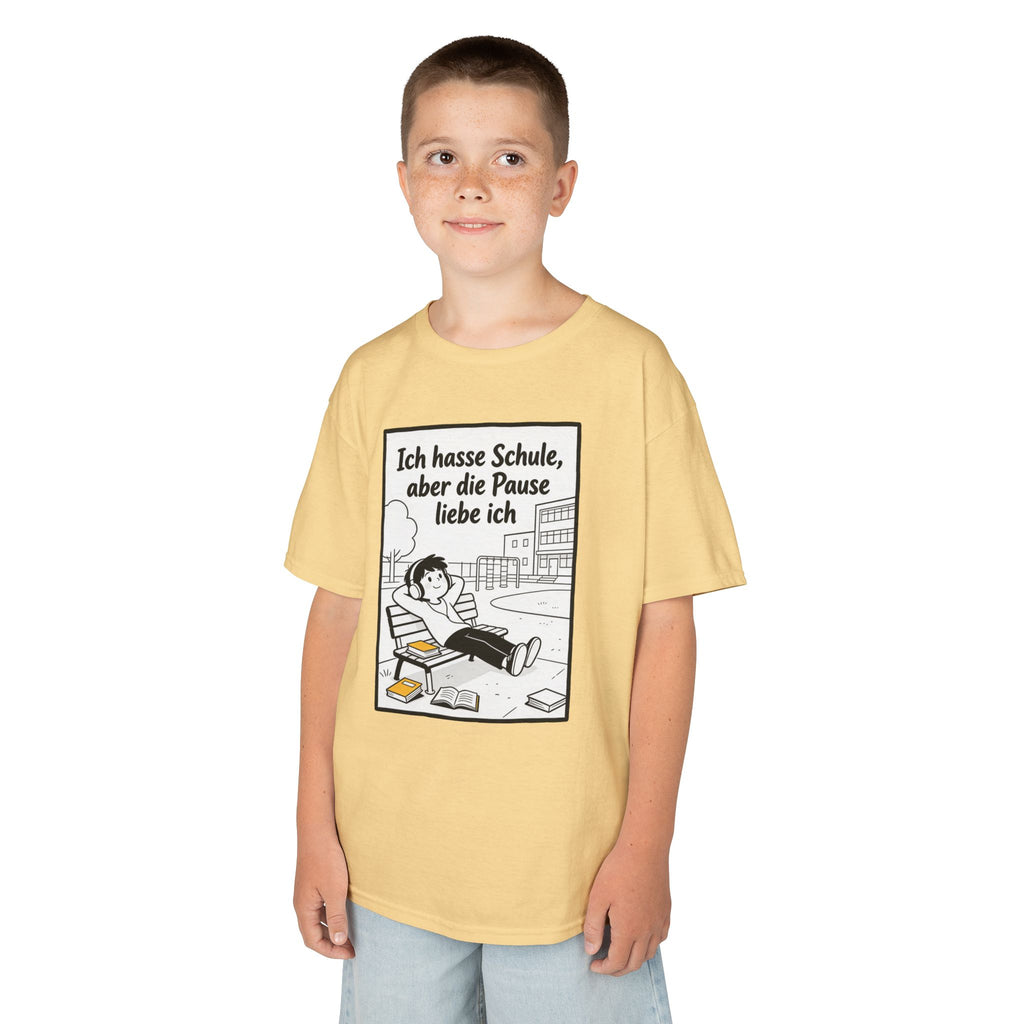 Kinder-T-Shirt – „Ich hasse Schule, aber die Pause liebe ich“ Cartoon-Schulpausen-Shirt