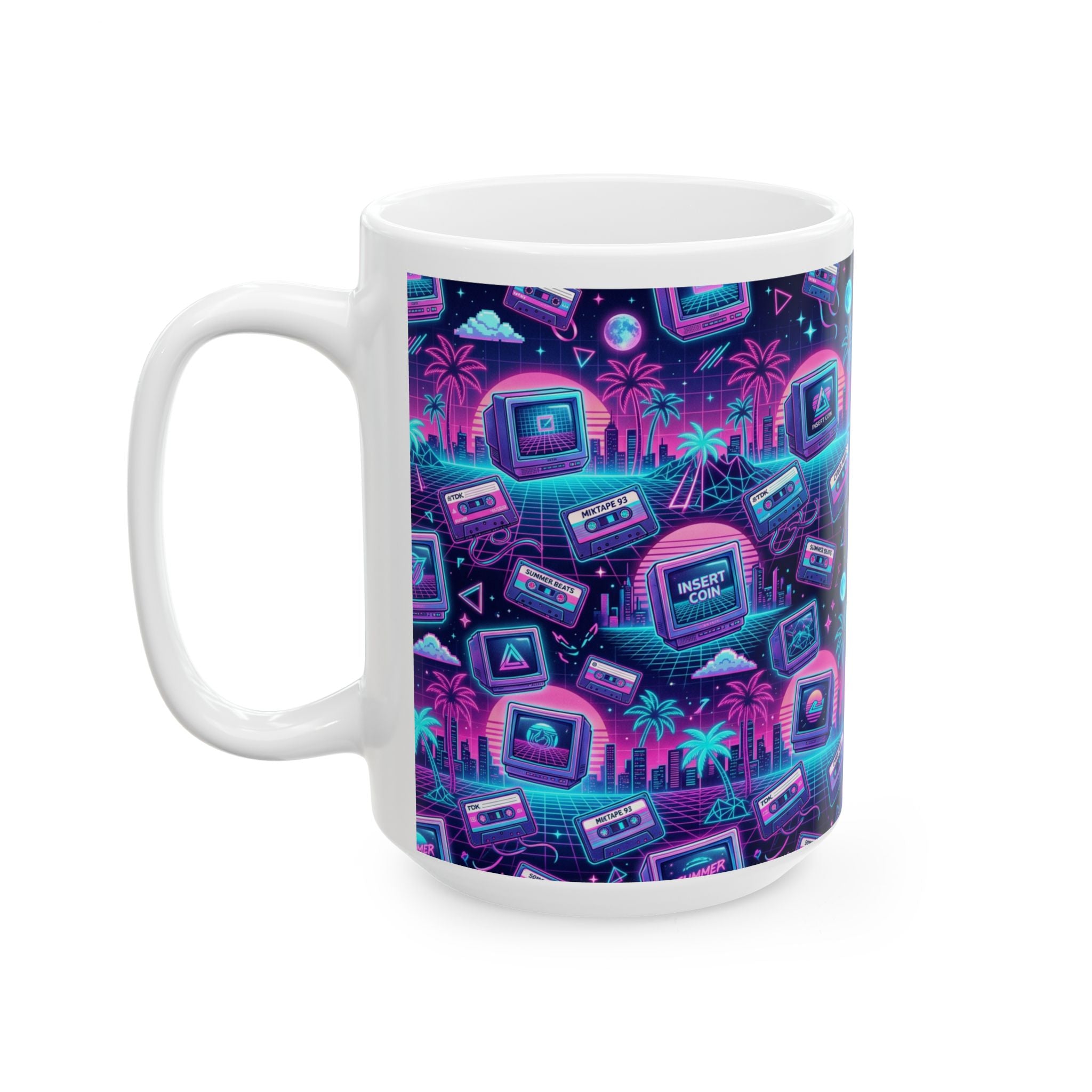 Retro Vaporwave Mug — Neon 80s Cassette & Palm Tree Ceramic Coffee Cup (11oz/15oz)