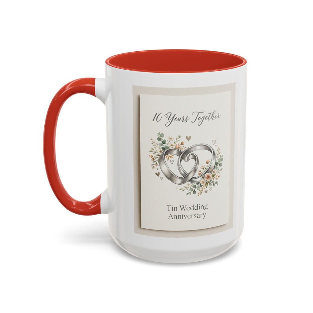 10th Wedding Anniversary Tin Rings Coffee Mug — '10 Years Together' Floral Accent