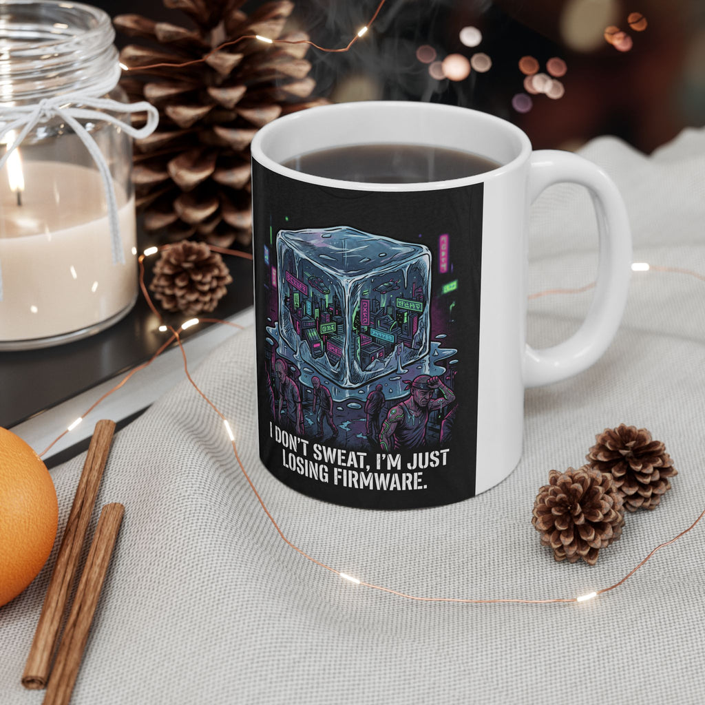 Cyberpunk Ice Cube Mug – "I don't sweat, I'm just losing firmware" Neon City Ceramic Coffee Cup (11oz/15oz)