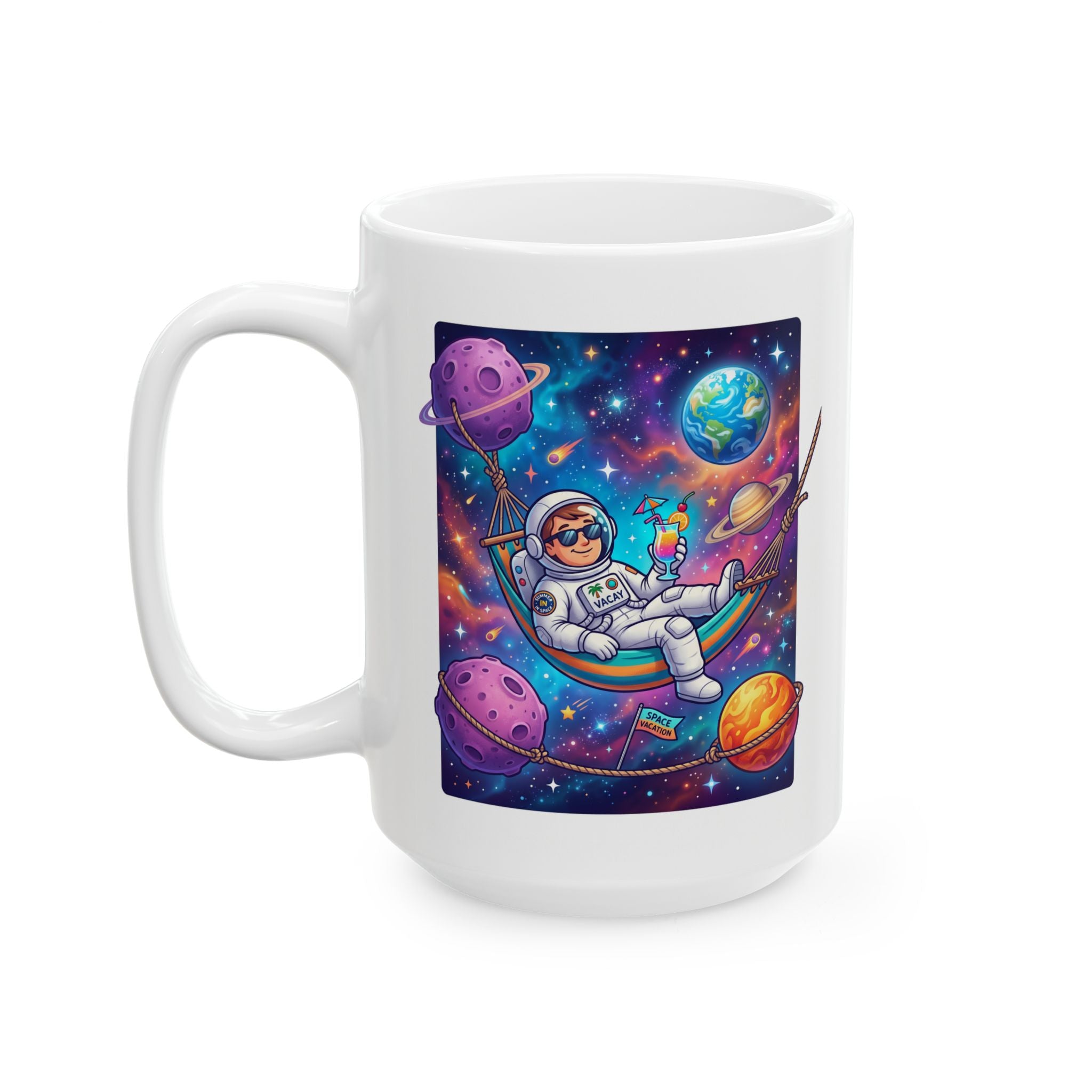 Space Witch Ceramic Mug – Colorful Cosmic Planets Illustration (11oz & 15oz)