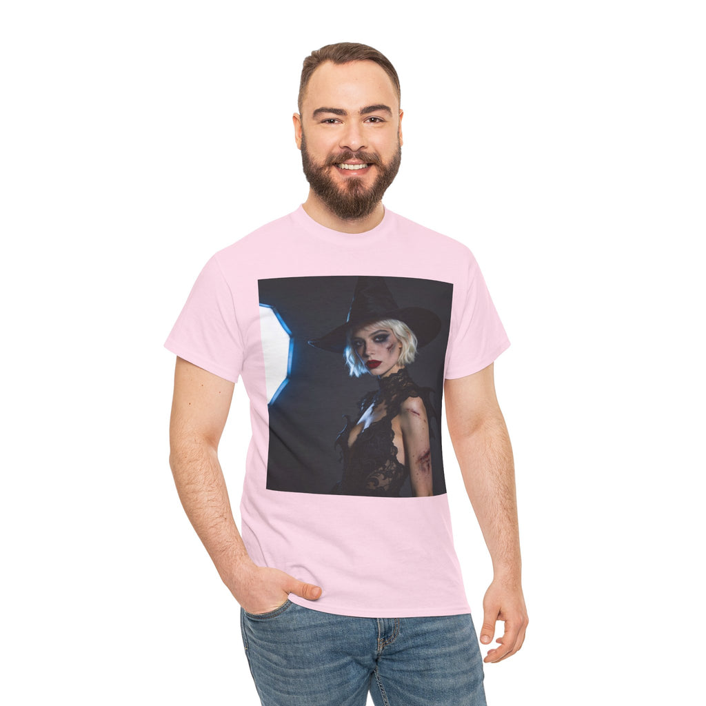 Gothic witch T-shirt with artistic witch portrait and dark Halloween design