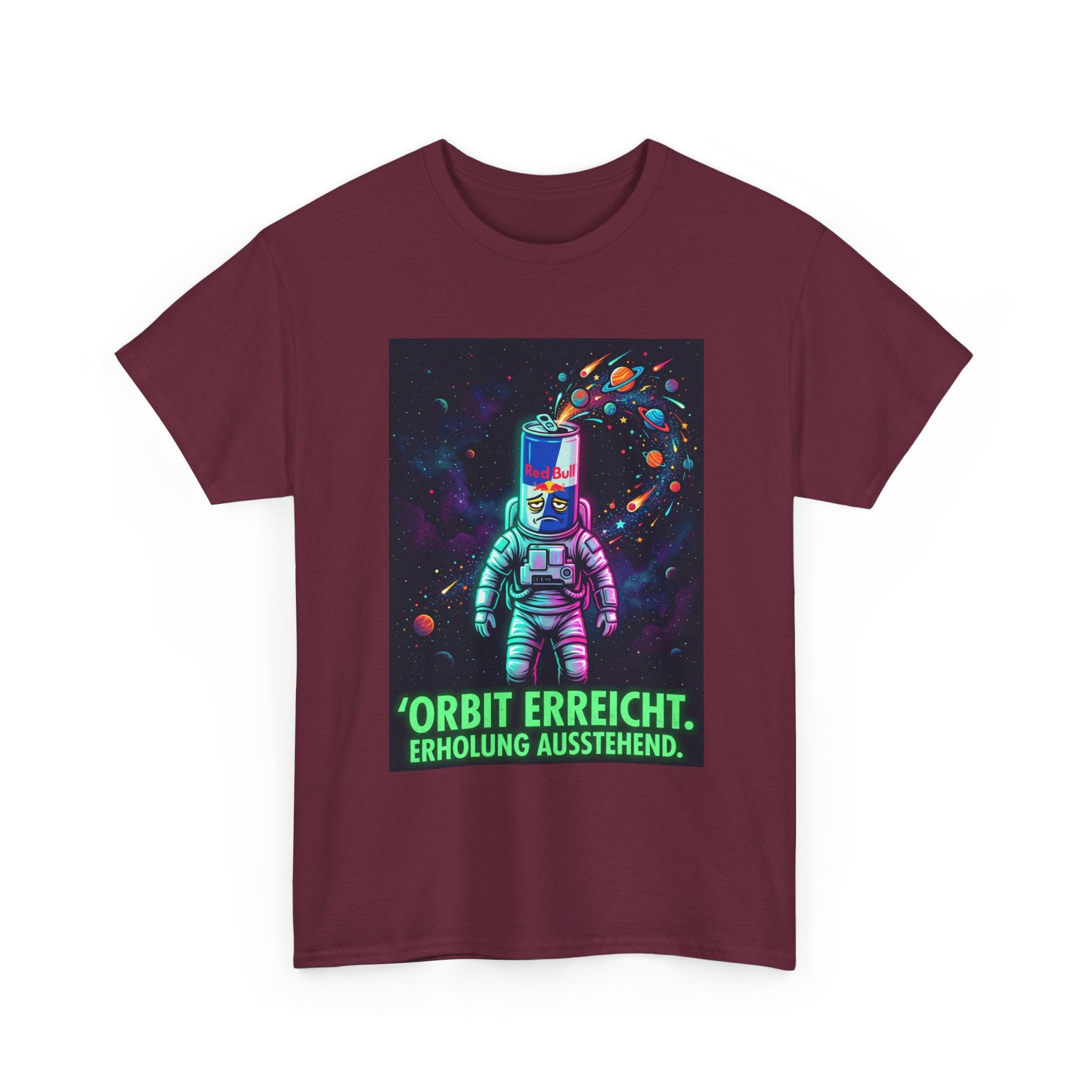Astronaut Graphic Tee — “Orbit erreicht. Erholung ausstehend.” Neon Space Shirt