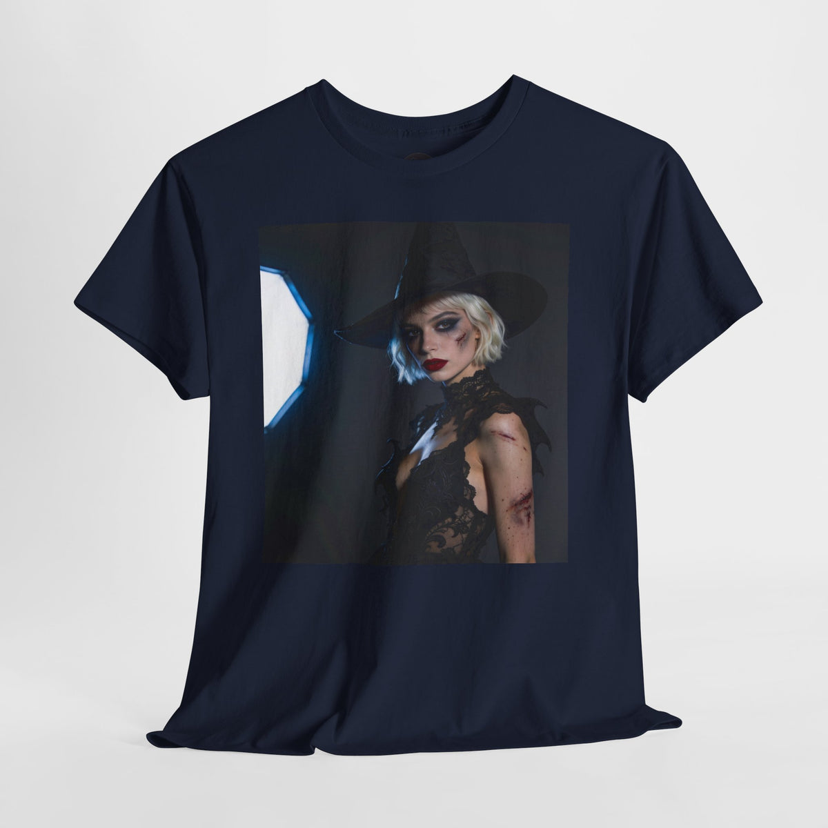 Gothic witch T-shirt with artistic witch portrait and dark Halloween design