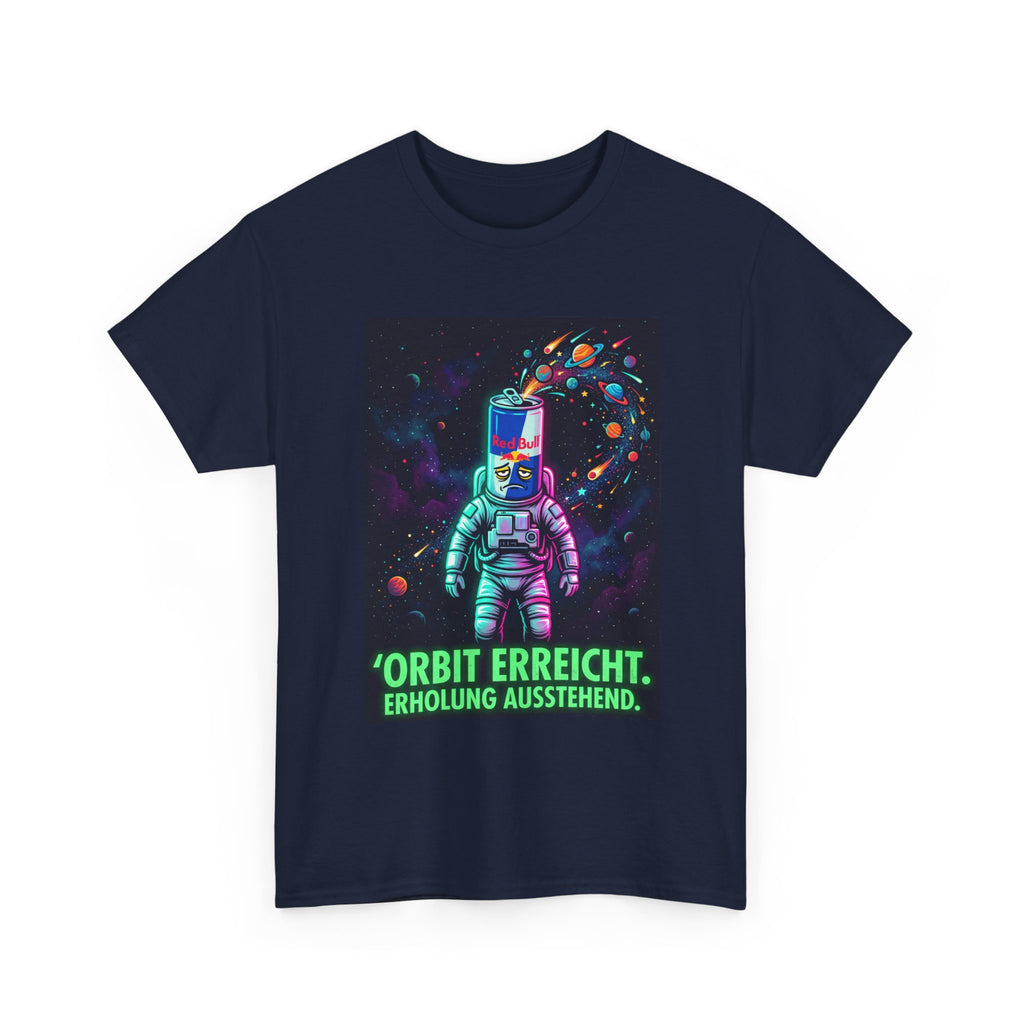 Astronaut Graphic Tee — “Orbit erreicht. Erholung ausstehend.” Neon Space Shirt