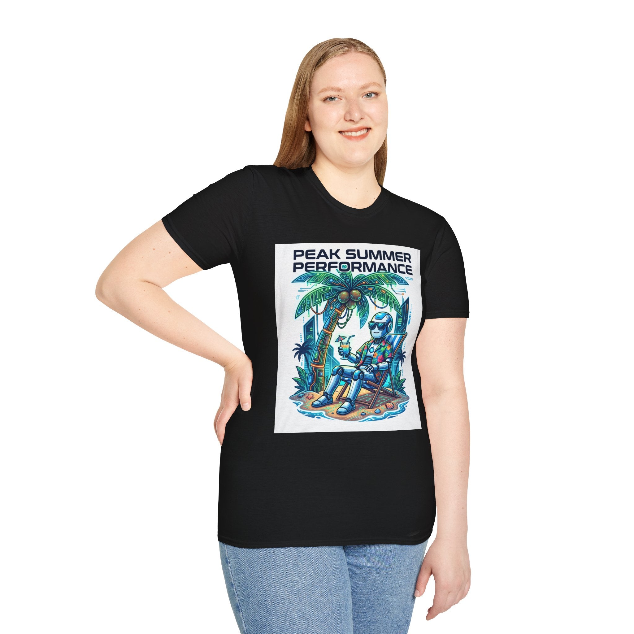 Peak Summer Performance T-Shirt — Retro Palm Tree & Relaxing Robot Graphic Tee