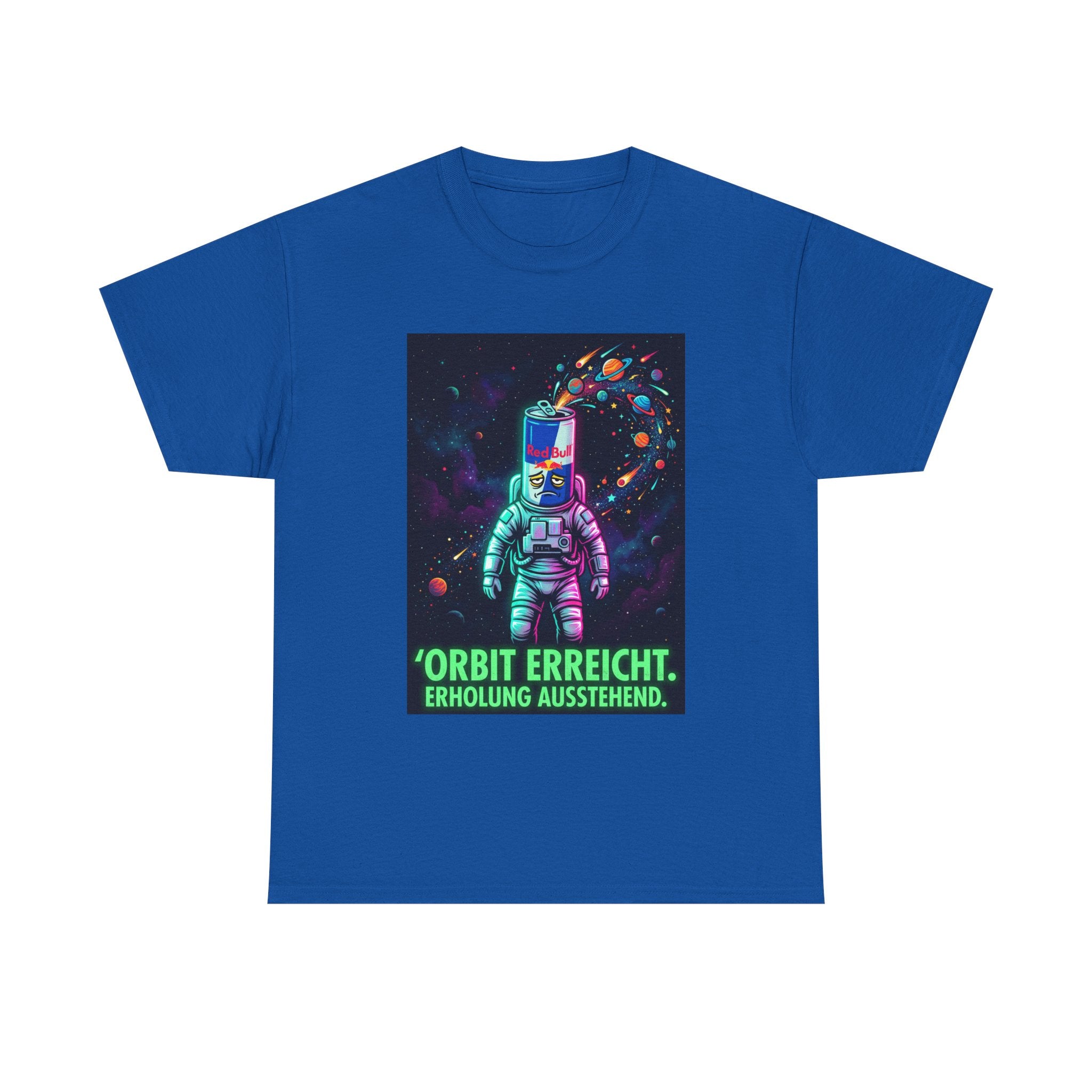 Astronaut Graphic Tee — “Orbit erreicht. Erholung ausstehend.” Neon Space Shirt
