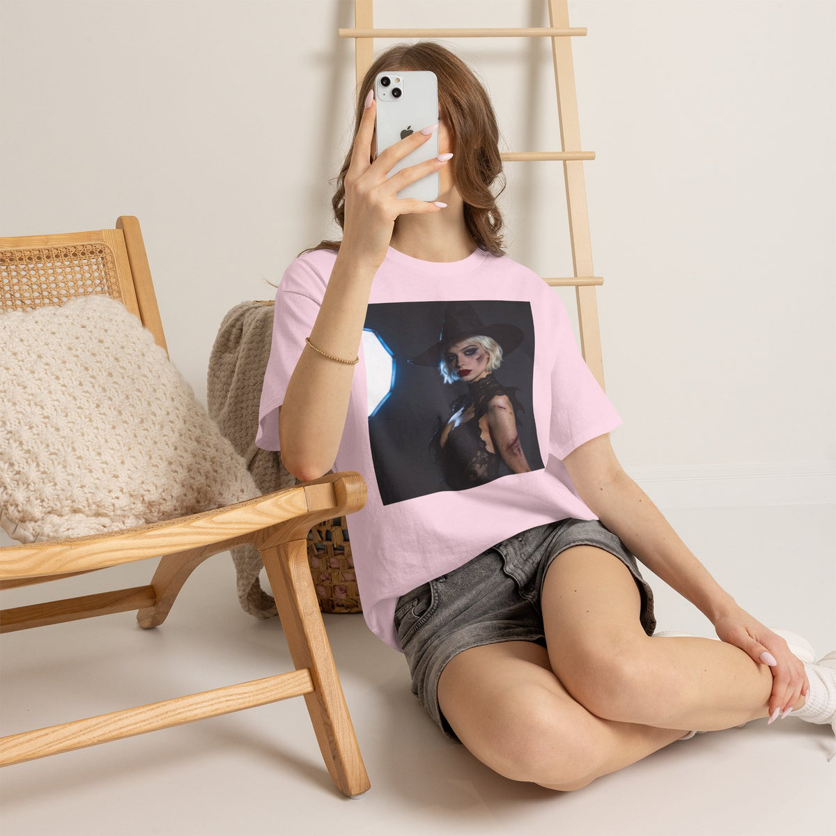Gothic witch T-shirt with artistic witch portrait and dark Halloween design