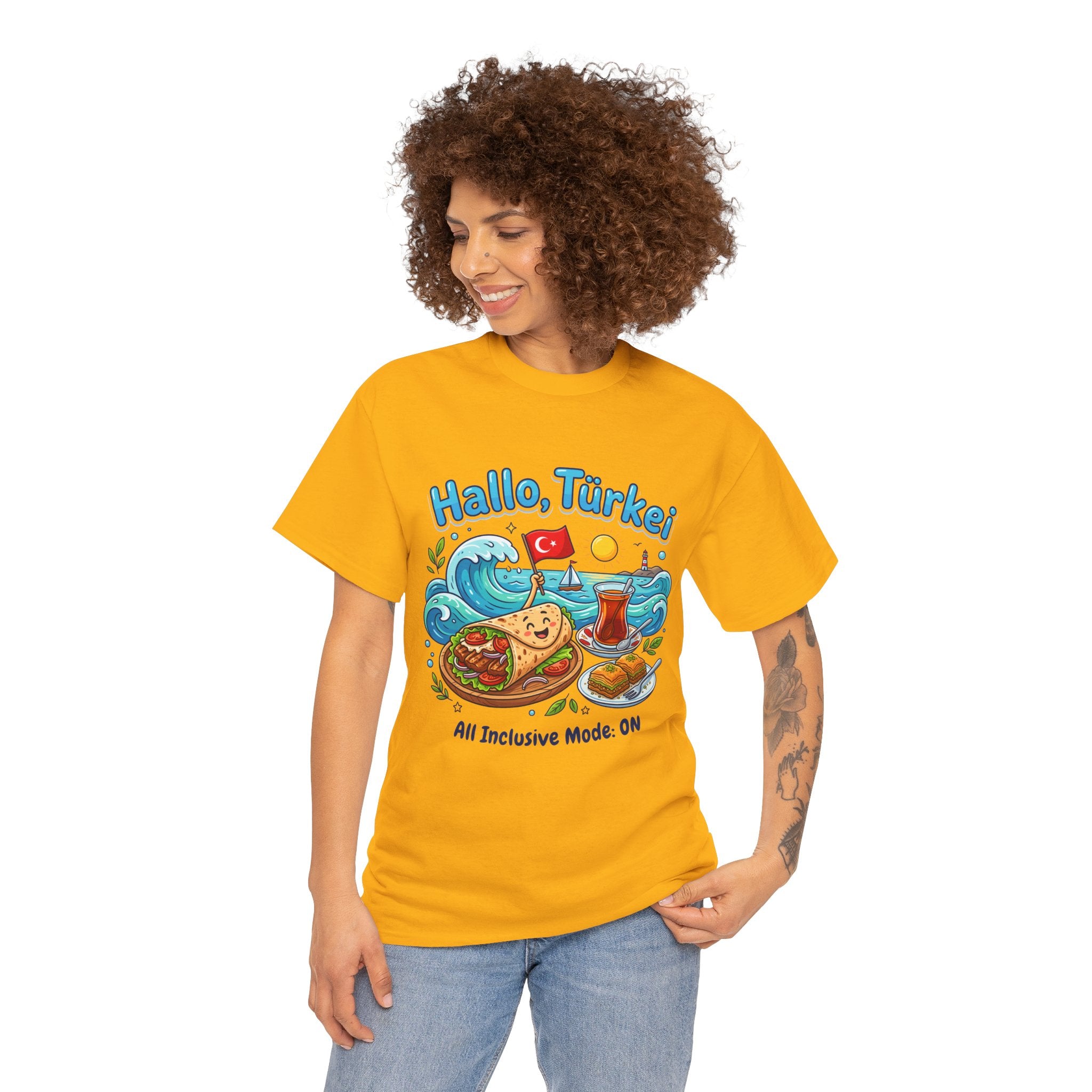 Hallo Türkiye! Turkish Food & Vacation Graphic Tee — "All Inclusive Mode: ON"