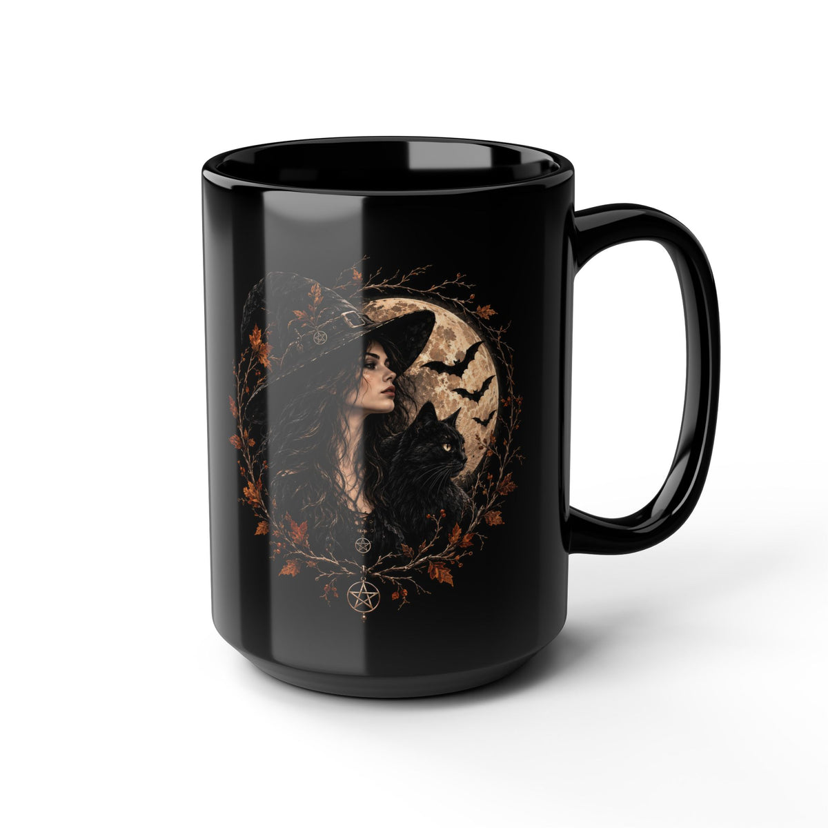 Schwarze Keramiktasse mit Hexenmotiv für Kaffee und Tee