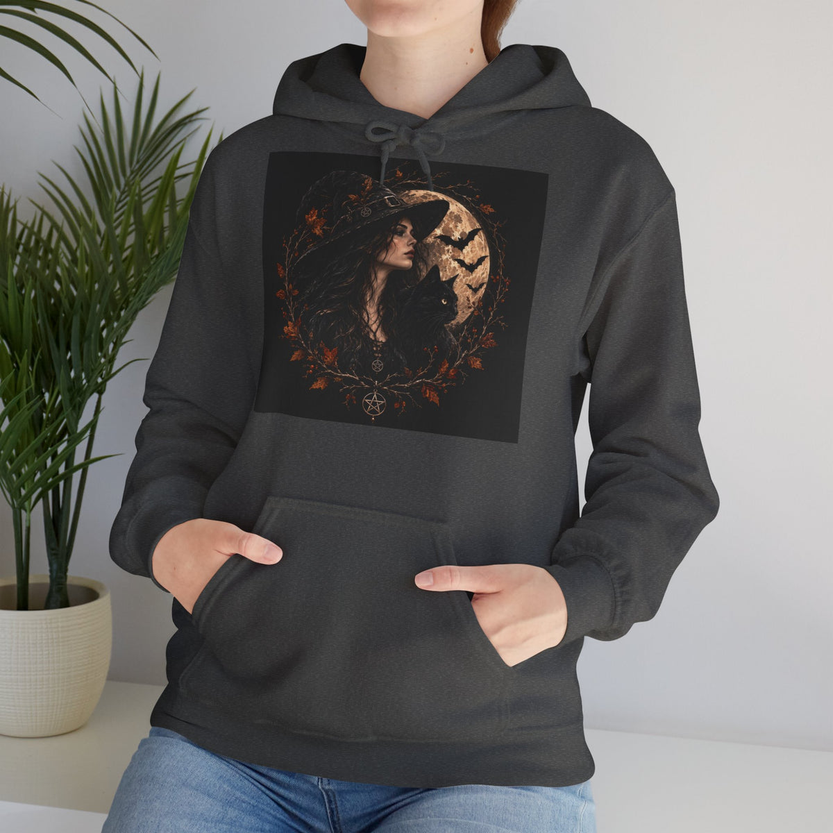 Mystical witch hoodie with full moon, bats and autumn branches