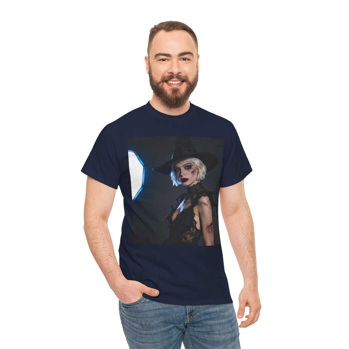 Gothic witch T-shirt with artistic witch portrait and dark Halloween design