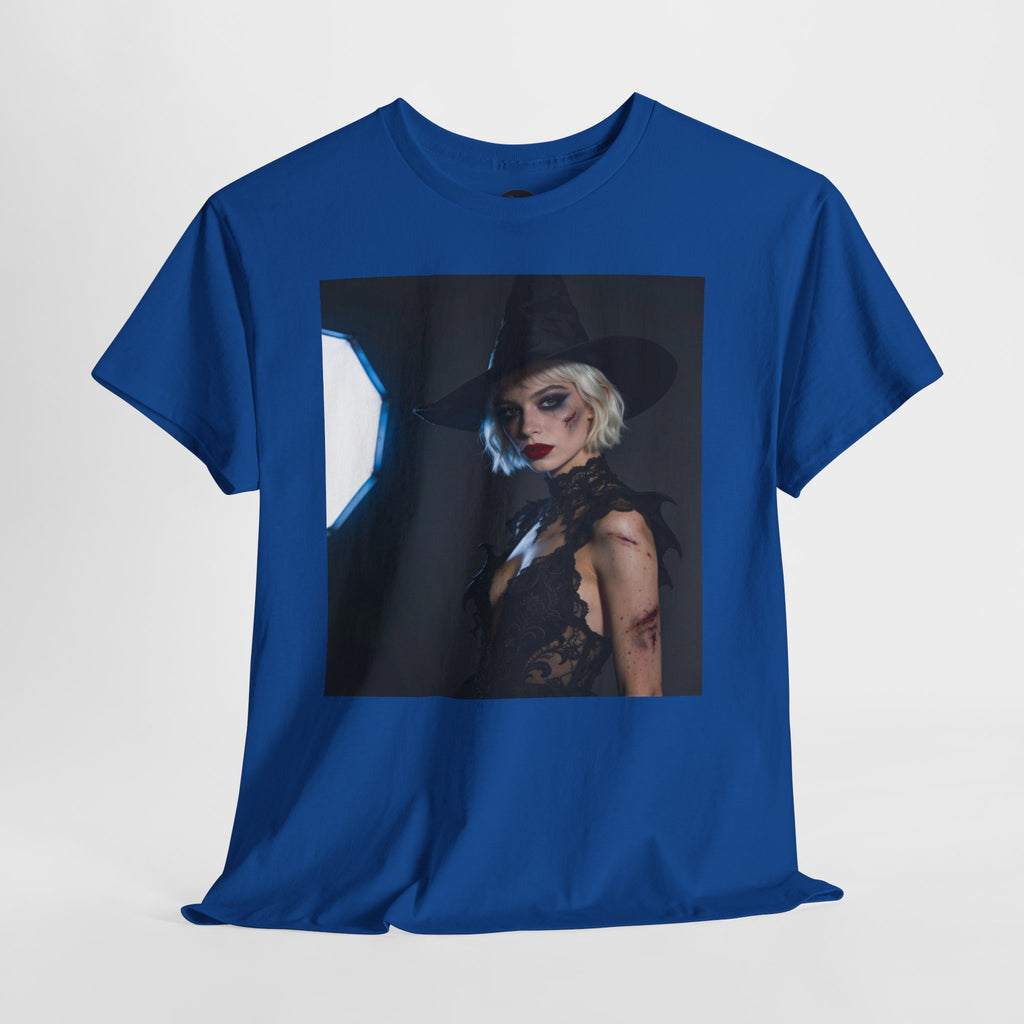 Gothic witch T-shirt with artistic witch portrait and dark Halloween design
