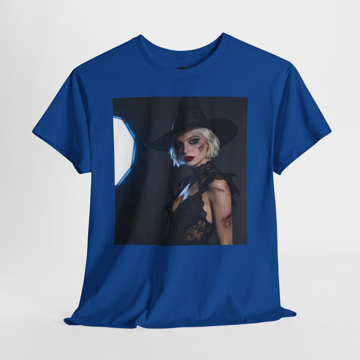 Gothic witch T-shirt with artistic witch portrait and dark Halloween design