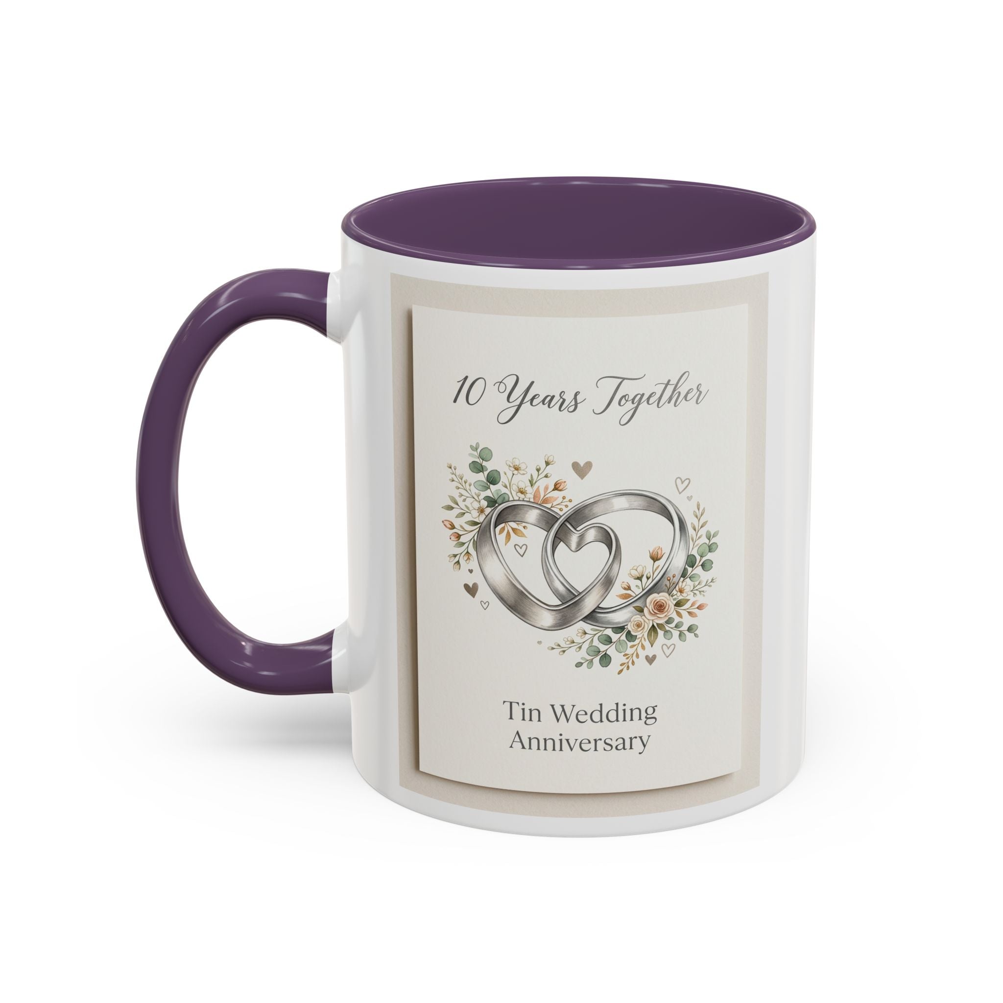 10th Wedding Anniversary Tin Rings Coffee Mug — '10 Years Together' Floral Accent