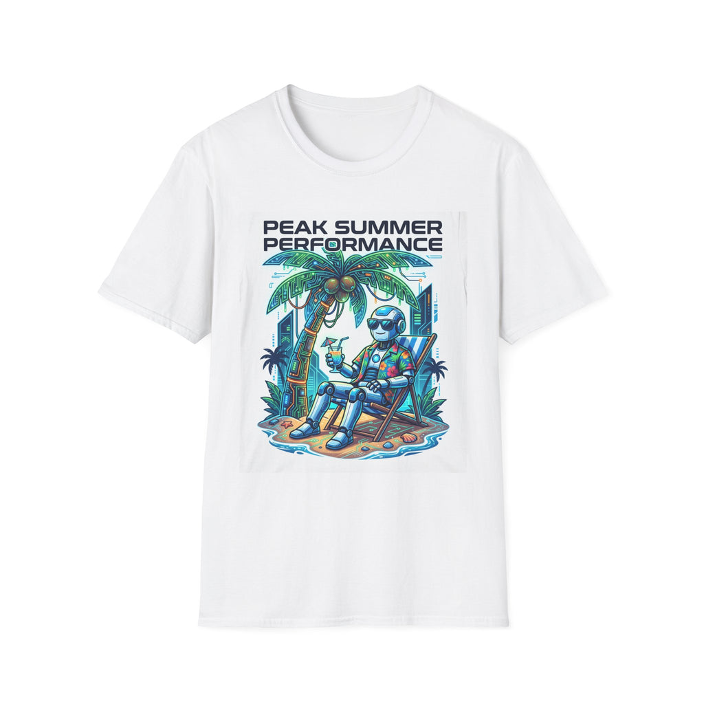 Peak Summer Performance T-Shirt — Retro Palm Tree & Relaxing Robot Graphic Tee