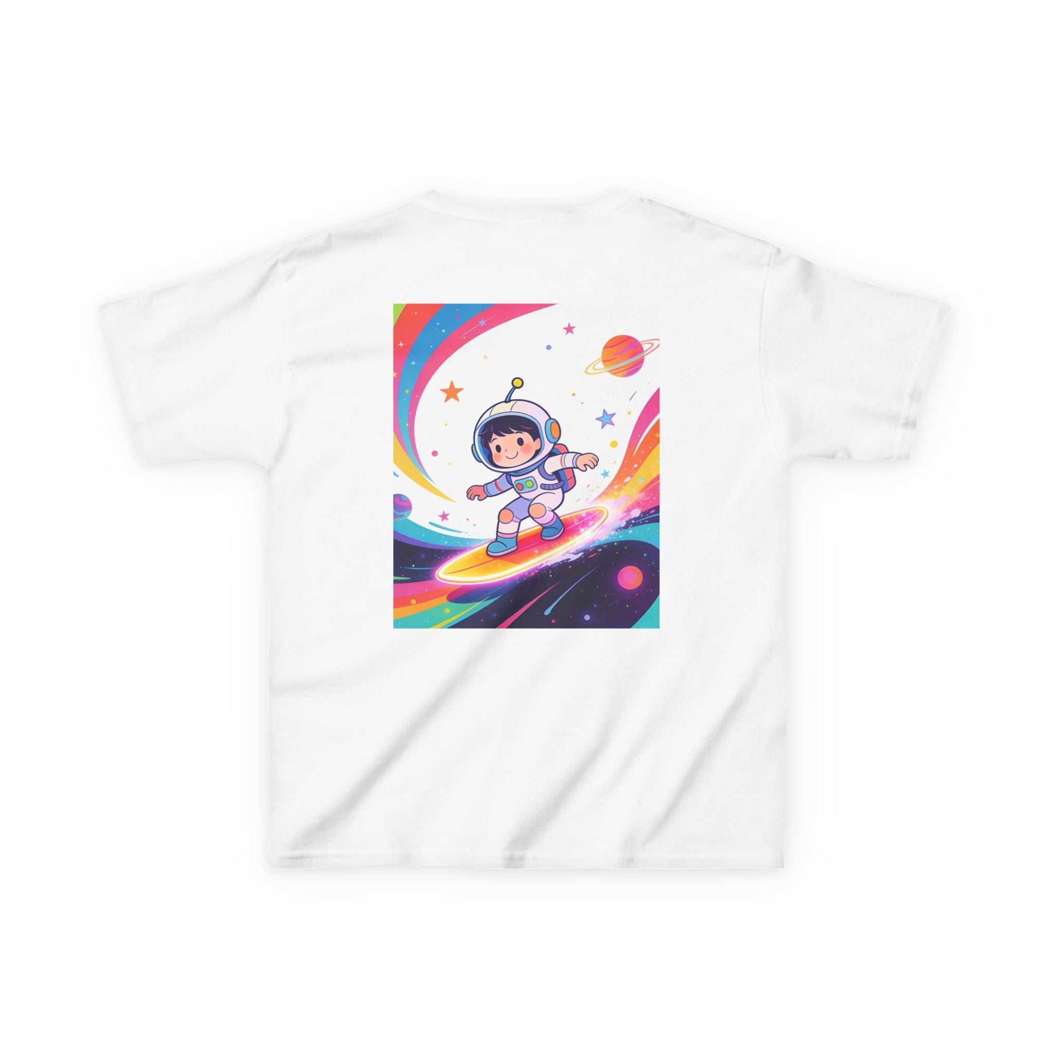 Kids Tee — Rainbow Space Surfing Astronaut Graphic