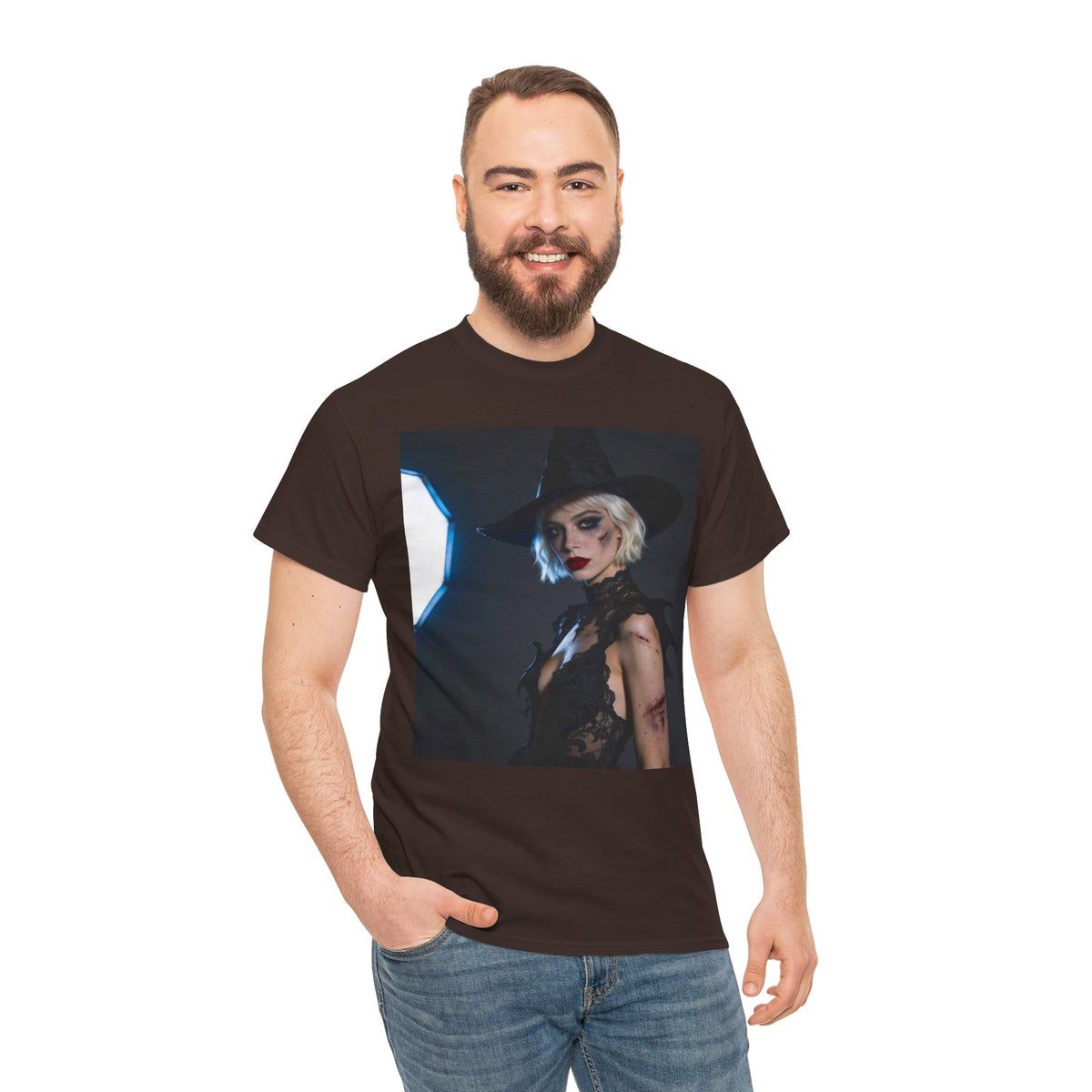 Gothic witch T-shirt with artistic witch portrait and dark Halloween design