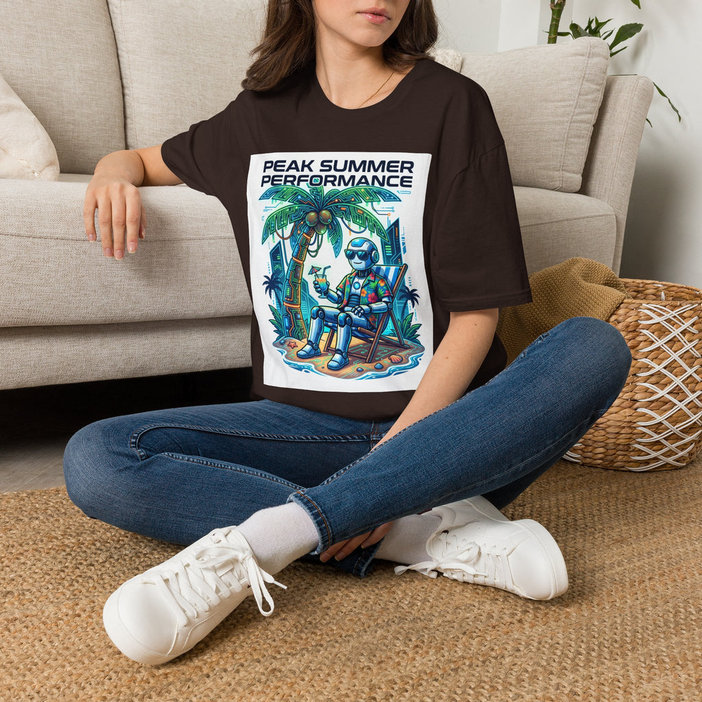 Peak Summer Performance T-Shirt — Retro Palm Tree & Relaxing Robot Graphic Tee