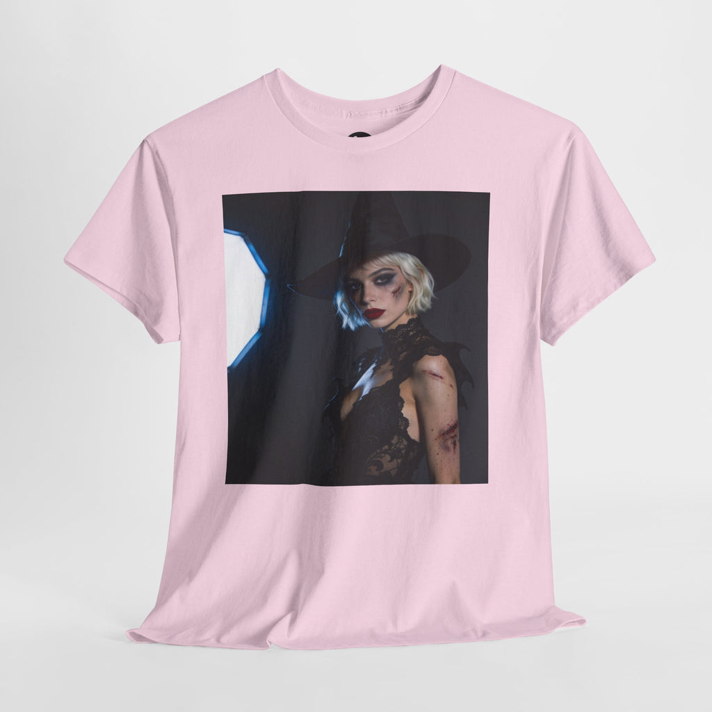 Gothic witch T-shirt with artistic witch portrait and dark Halloween design