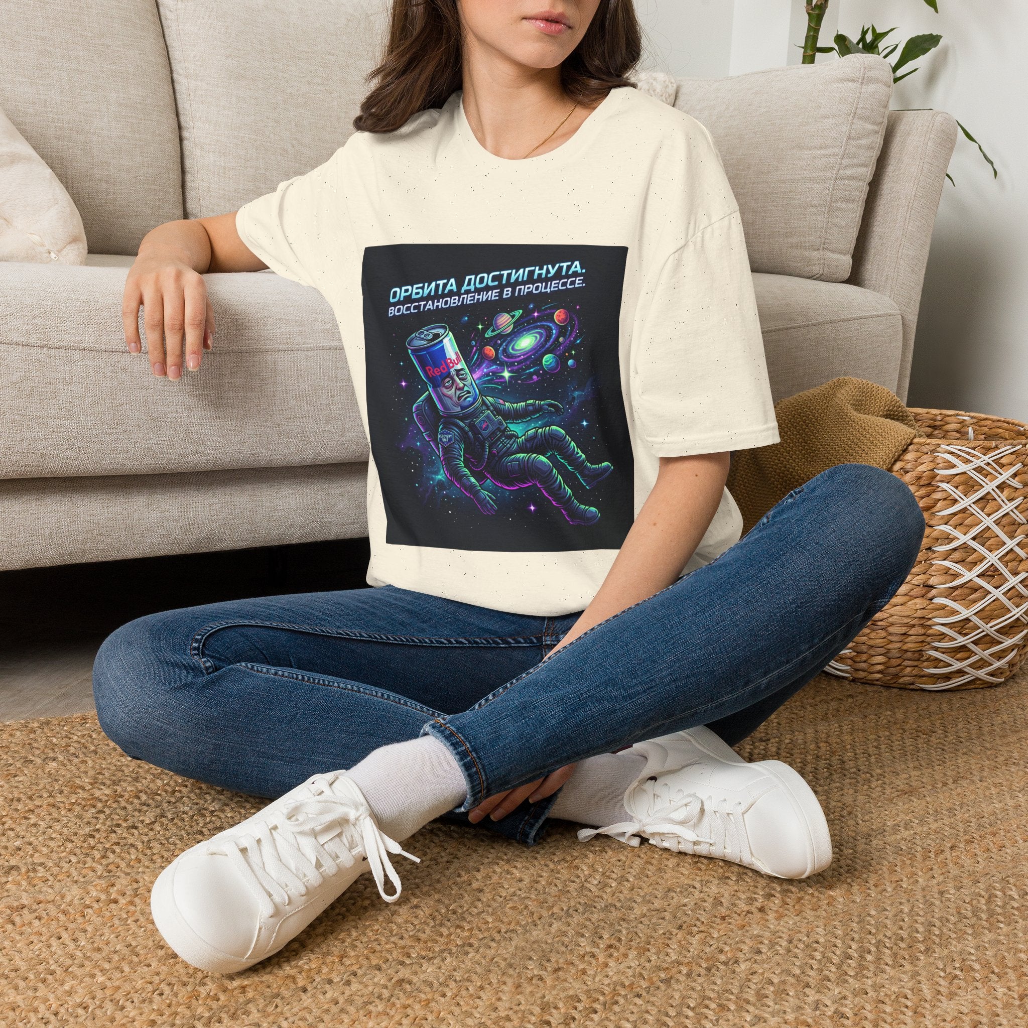 Orbital Reset T-Shirt — "Орбита достигнута. Восстановление в процессе." Cosmic Energy Drink Tee