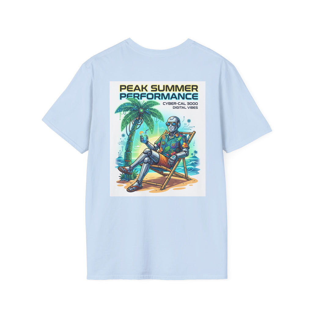 Peak Summer Performance T-Shirt — Retro Palm Tree & Relaxing Robot Graphic Tee