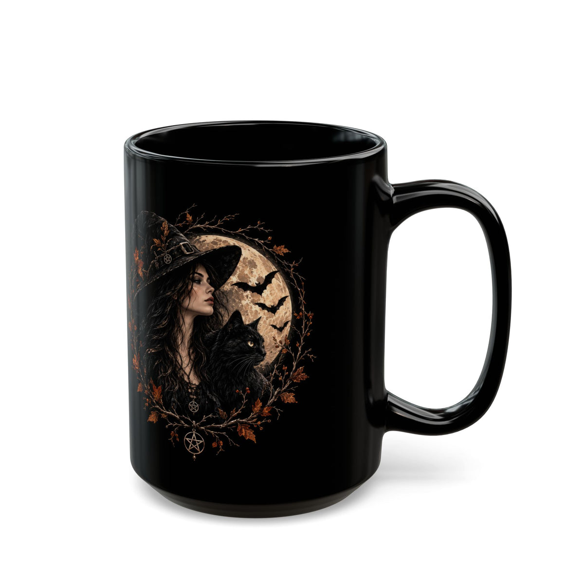 Schwarze Keramiktasse mit Hexenmotiv für Kaffee und Tee
