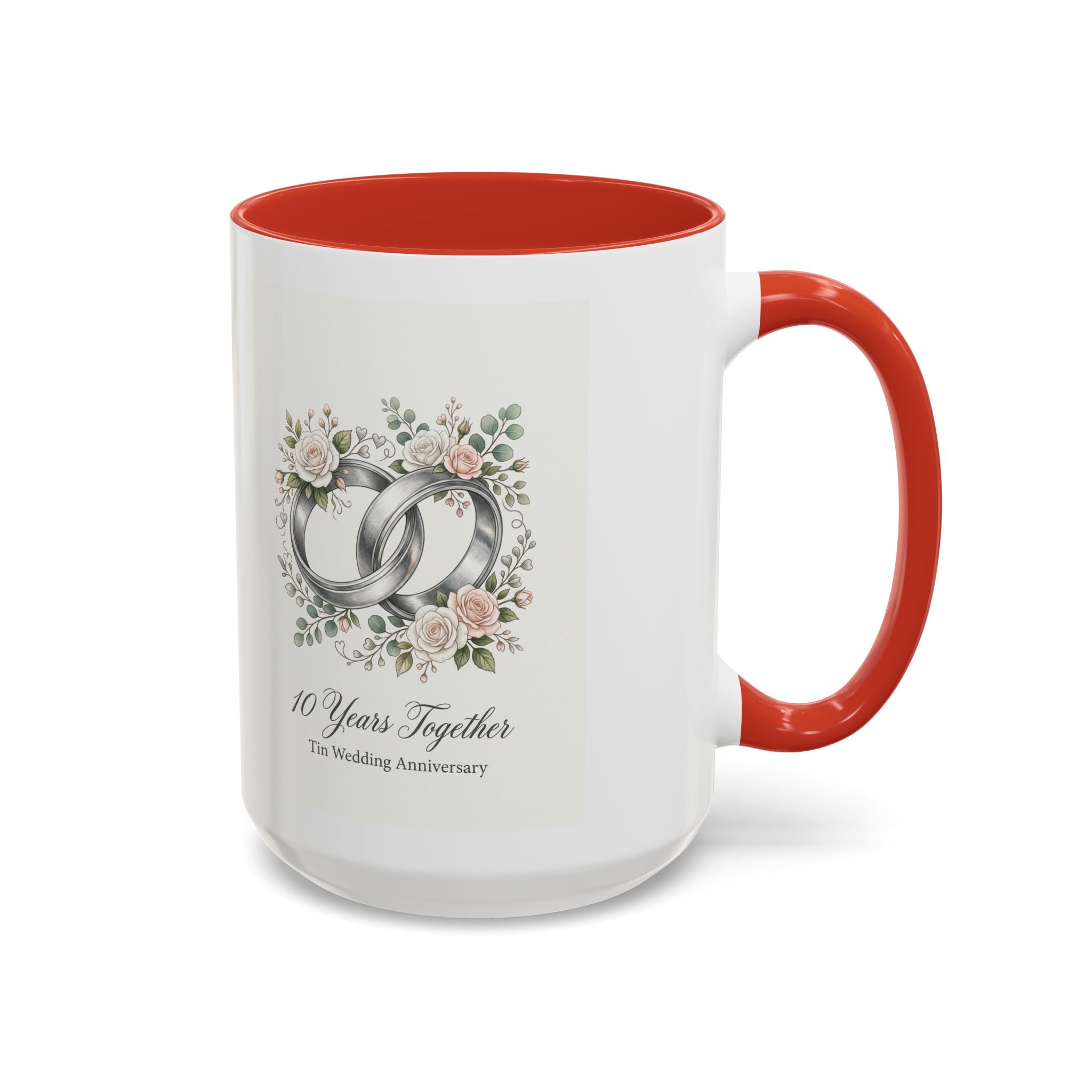 10th Wedding Anniversary Tin Rings Coffee Mug — '10 Years Together' Floral Accent
