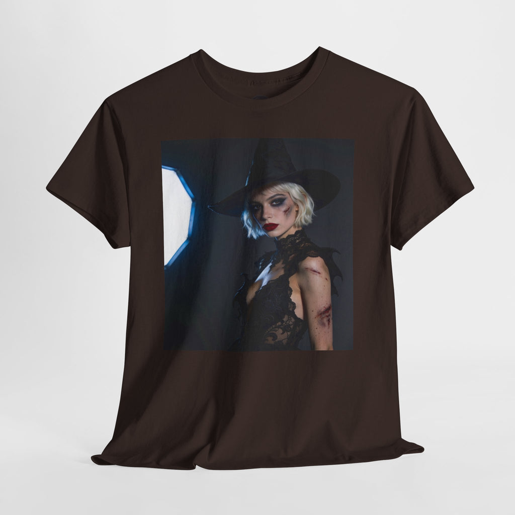 Gothic witch T-shirt with artistic witch portrait and dark Halloween design