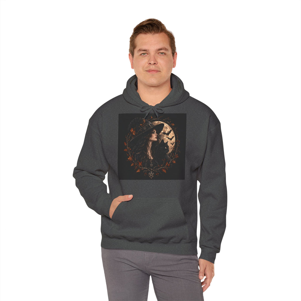 Dark gothic hoodie with witch, moon and black cat illustration