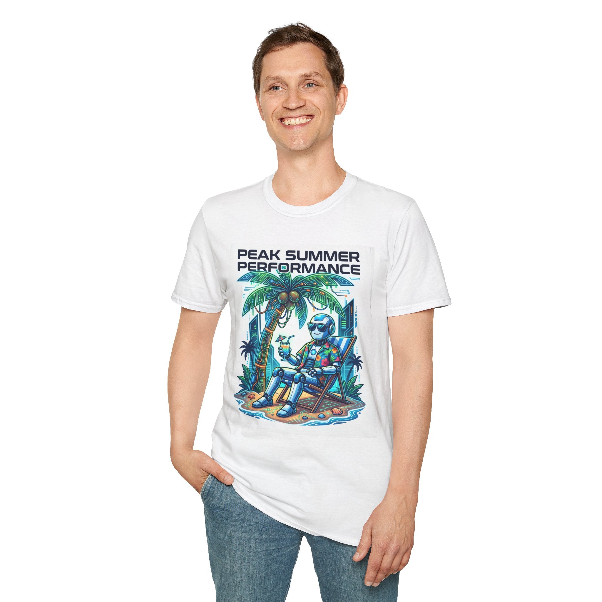 Peak Summer Performance T-Shirt — Retro Palm Tree & Relaxing Robot Graphic Tee