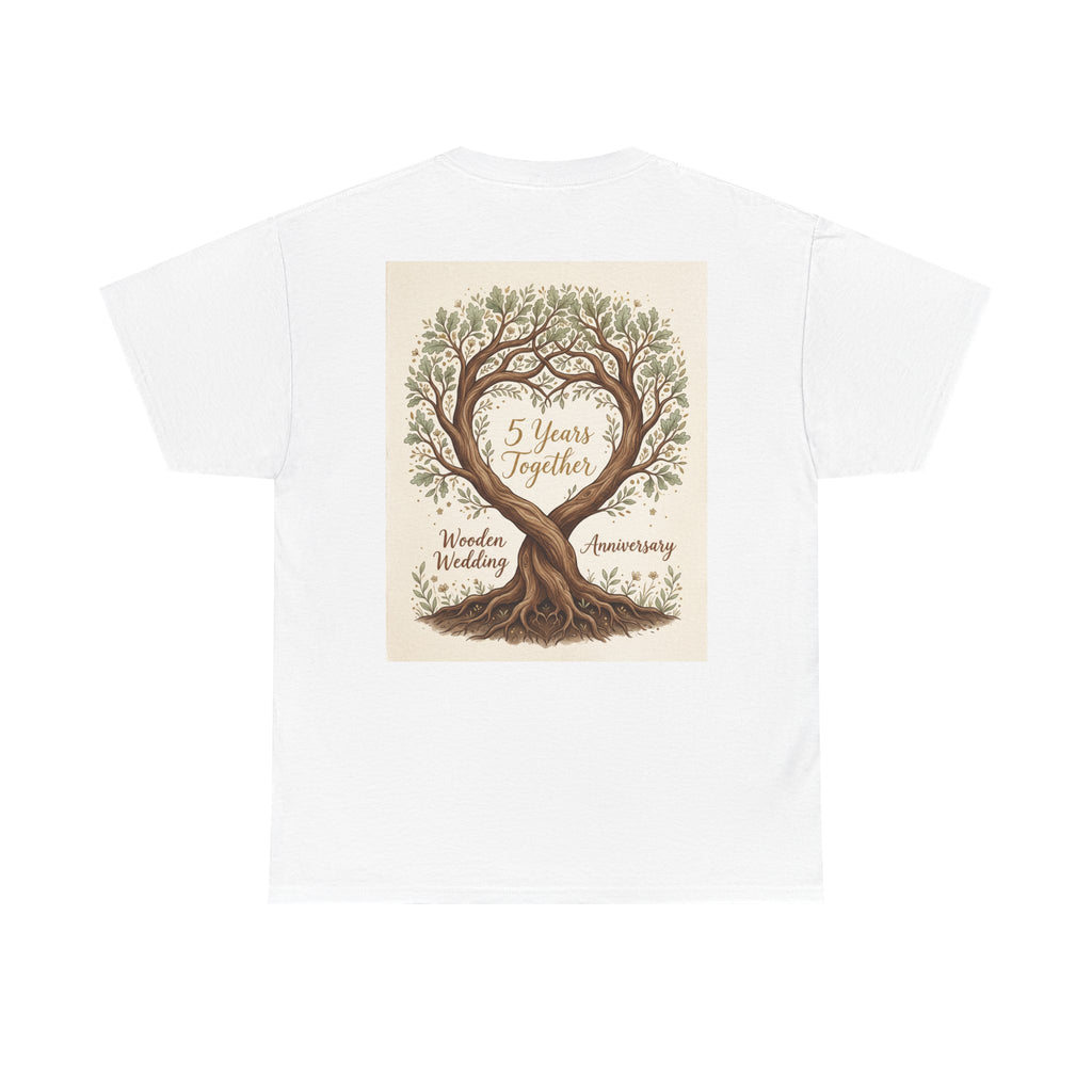 Wooden Wedding Anniversary Tee — "5 Years Together" Tree Heart Design