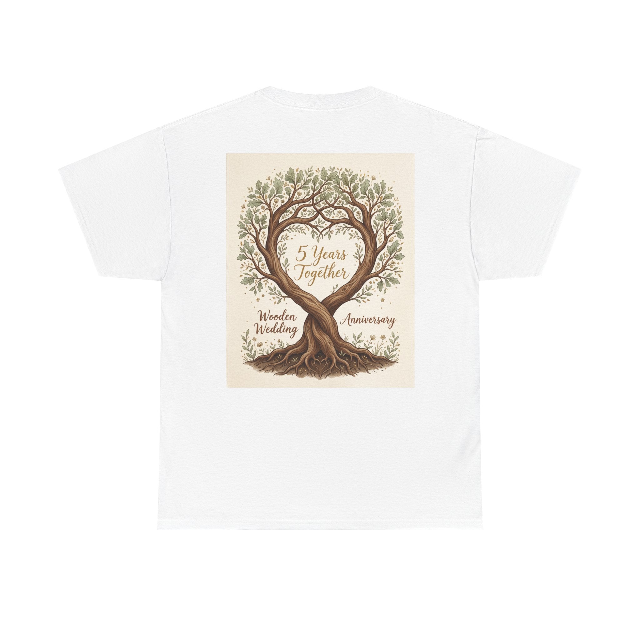 Wooden Wedding Anniversary Tee — "5 Years Together" Tree Heart Design